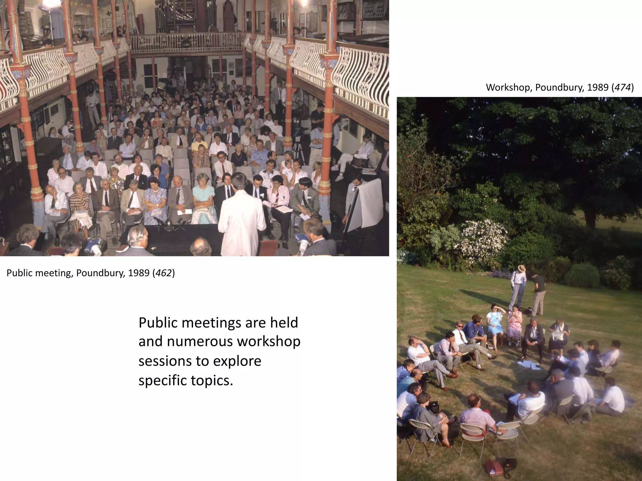 Public meetings are held
and numerous workshop
sessions to explore
specific topics.
Public meeting, Poundbury, 1989 (462)
Workshop, Poundbury, 1989 (474)
 