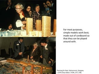 For most purposes,
simple models work best;
made out of cardboard so
that they can be played
around with.
Planning for Real, Dalmarnock, Glasgow,
c 1979 (Tony Gibon / TCPA, 377, 378)
 