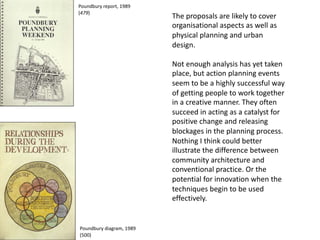 The proposals are likely to cover
organisational aspects as well as
physical planning and urban
design.
Not enough analysis has yet taken
place, but action planning events
seem to be a highly successful way
of getting people to work together
in a creative manner. They often
succeed in acting as a catalyst for
positive change and releasing
blockages in the planning process.
Nothing I think could better
illustrate the difference between
community architecture and
conventional practice. Or the
potential for innovation when the
techniques begin to be used
effectively.
Poundbury report, 1989
(479)
Poundbury diagram, 1989
(500)
 