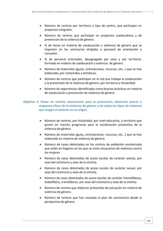 plan director para la coeducación y la prevención de la violencia de género en el sistema educativo  

•

Número  de  centros  por  territorio  y  tipo  de  centro,  que  participan  en 
proyectos integrales. 

•

Número  de  centros  que  participan  en  proyectos  coeducativos  y  de 
prevención de la violencia de género. 

•

%  de  horas  en  materia  de  coeducación  y  violencia  de  género  que  se 
imparten  en  los  seminarios  dirigidos  a  personal  de  orientación  y 
consultor. 

•

%  de  personal  orientador,  desagregado  por  sexo  y  por  territorio, 
formado en materia de coeducación y violencia  de género. 

•

Número de materiales (guías, orientaciones, recursos, etc…) que se han 
elaborado, por contenidos y temáticas. 

•

Número de centros que participan en la red que trabaja la coeducación 
y la prevención de la violencia de género, por territorio y titularidad. 

•

Número de experiencias identificadas como buenas prácticas en materia 
de coeducación y prevención de violencia de género. 

Objetivo  3:  Poner  en  marcha  mecanismos  para  la  prevención,  detección  precoz  y 
respuesta eficaz de la violencia de género y de todos los tipos de violencia 
que tengan el sexismo en su origen. 
•

Número de centros, por titularidad, por nivel educativo, y territorio que 
ponen  en  marcha  programas  para  la  socialización  preventiva  de  la 
violencia de género. 

•

Número de materiales (guías, orientaciones, recursos, etc…) que se han 
elaborado en materia de violencia de género. 

•

Número  de  casos  detectados  en  los  centros  de  población  escolarizada 
que están en hogares en los que se viven situaciones de violencia contra 
las mujeres. 

•

Número  de  casos  detectados  de  acoso  escolar  de  carácter  sexista,  por 
sexo del victimario y sexo de la víctima.  

•

Número  de  casos  detectados  de  acoso  escolar  de  carácter  sexual,  por 
sexo del victimario y sexo de la víctima.  

•

Número de casos detectados de acoso escolar de carácter homofóbicas, 
lesbofóbica, transfóbicas, por sexo del victimario y sexo de la víctima.  

•

Número de centros que elaboran protocolos de actuación en materia de 
violencia de género. 

•

Número  de  centros  que  han  revisado  el  plan  de  convivencia  desde  la 
perspectiva de género. 

66 

 