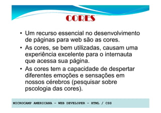 CORES
   • Um recurso essencial no desenvolvimento
     de páginas para web são as cores.
   • As cores, se bem utilizadas, causam uma
     experiência excelente para o internauta
     que acessa sua página.
   • As cores tem a capacidade de despertar
     diferentes emoções e sensações em
     nossos cérebros (pesquisar sobre
     pscologia das cores).

MICROCAMP AMERICANA – WEB DEVELOPER – HTML / CSS
 