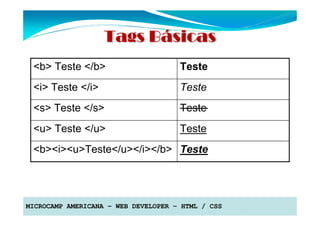 Tags Básicas
 <b> Teste </b>                      Teste
 <i> Teste </i>                      Teste
 <s> Teste </s>                      Teste
 <u> Teste </u>                      Teste
 <b><i><u>Teste</u></i></b> Teste




MICROCAMP AMERICANA – WEB DEVELOPER – HTML / CSS
 