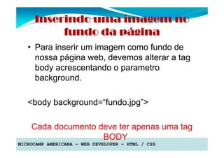 Inserindo uma imagem no
          fundo da página
   • Para inserir um imagem como fundo de
     nossa página web, devemos alterar a tag
     body acrescentando o parametro
     background.

   <body background=“fundo.jpg”>

    Cada documento deve ter apenas uma tag
                    BODY
MICROCAMP AMERICANA – WEB DEVELOPER – HTML / CSS
 