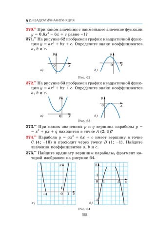370.••
Ïðè êàêîì çíà÷åíèè c íàèìåíüøåå çíà÷åíèå ôóíêöèè
y = 0,6x2
– 6x + c ðàâíî –1?
371.••
Íà ðèñóíêå 62 èçîáðàæåí ãðàôèê êâàäðàòè÷íîé ôóíê-
öèè y = ax2
+ bx + c. Îïðåäåëèòå çíàêè êîýôôèöèåíòîâ
a, b è c.
372.••
Íà ðèñóíêå 63 èçîáðàæåí ãðàôèê êâàäðàòè÷íîé ôóíê-
öèè y = ax2
+ bx + c. Îïðåäåëèòå çíàêè êîýôôèöèåíòîâ
a, b è c.
373.••
Ïðè êàêèõ çíà÷åíèÿõ p è q âåðøèíà ïàðàáîëû y =
= x2
+ px + q íàõîäèòñÿ â òî÷êå A (2; 5)?
374.••
Ïàðàáîëà y = ax2
+ bx + c èìååò âåðøèíó â òî÷êå
C (4; –10) è ïðîõîäèò ÷åðåç òî÷êó D (1; –1). Íàéäèòå
çíà÷åíèÿ êîýôôèöèåíòîâ a, b è c.
375.••
Íàéäèòå îðäèíàòó âåðøèíû ïàðàáîëû, ôðàãìåíò êî-
òîðîé èçîáðàæåí íà ðèñóíêå 64.
0 x
y
0 x
y
0 x
y
0 x
y
0 1 x
y
1
5
–5
0 x
y
1
1–4
Ðèñ. 62
Ðèñ. 63
Ðèñ. 64
a)
a)
a)
á)
á)
á)
 