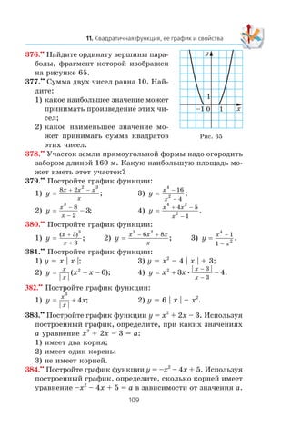 376.••
Íàéäèòå îðäèíàòó âåðøèíû ïàðà-
áîëû, ôðàãìåíò êîòîðîé èçîáðàæåí
íà ðèñóíêå 65.
377.••
Ñóììà äâóõ ÷èñåë ðàâíà 10. Íàé-
äèòå:
1) êàêîå íàèáîëüøåå çíà÷åíèå ìîæåò
ïðèíèìàòü ïðîèçâåäåíèå ýòèõ ÷è-
ñåë;
2) êàêîå íàèìåíüøåå çíà÷åíèå ìî-
æåò ïðèíèìàòü ñóììà êâàäðàòîâ
ýòèõ ÷èñåë.
378.••
Ó÷àñòîê çåìëè ïðÿìîóãîëüíîé ôîðìû íàäî îãîðîäèòü
çàáîðîì äëèíîé 160 ì. Êàêóþ íàèáîëüøóþ ïëîùàäü ìî-
æåò èìåòü ýòîò ó÷àñòîê?
379.••
Ïîñòðîéòå ãðàôèê ôóíêöèè:
1) y
x x x
x
=
8 2
2 3
+ −
; 3) y
x
x
=
4
2
16
4
−
−
;
2) y
x
x
=
3
8
2
3
−
−
− ; 4) y
x x
x
=
4 2
2
4 5
1
+ −
−
.
380.••
Ïîñòðîéòå ãðàôèê ôóíêöèè:
1) y
x
x
=
( )
;
+
+
3
3
3
2) y
x x x
x
=
3 2
6 8− +
; 3) y
x
x
=
4
2
1
1
−
−
.
381.••
Ïîñòðîéòå ãðàôèê ôóíêöèè:
1) y = x | x |; 3) y = x2
– 4 | x | + 3;
2) y x x
x
x
= ( );2
6− − 4) y x x
x
x
= 2
3 4
3
3
+ −
−
−
• .
382.••
Ïîñòðîéòå ãðàôèê ôóíêöèè:
1) y x
x
x
=
3
4+ ; 2) y = 6 | x | – x2
.
383.••
Ïîñòðîéòå ãðàôèê ôóíêöèè y = x2
+ 2x – 3. Èñïîëüçóÿ
ïîñòðîåííûé ãðàôèê, îïðåäåëèòå, ïðè êàêèõ çíà÷åíèÿõ
a óðàâíåíèå x2
+ 2x – 3 = a:
1) èìååò äâà êîðíÿ;
2) èìååò îäèí êîðåíü;
3) íå èìååò êîðíåé.
384.••
Ïîñòðîéòå ãðàôèê ôóíêöèè y = –x2
– 4x + 5. Èñïîëüçóÿ
ïîñòðîåííûé ãðàôèê, îïðåäåëèòå, ñêîëüêî êîðíåé èìååò
óðàâíåíèå –x2
– 4x + 5 = a â çàâèñèìîñòè îò çíà÷åíèÿ a.
0 1 x
y
1
–1
Ðèñ. 65
 