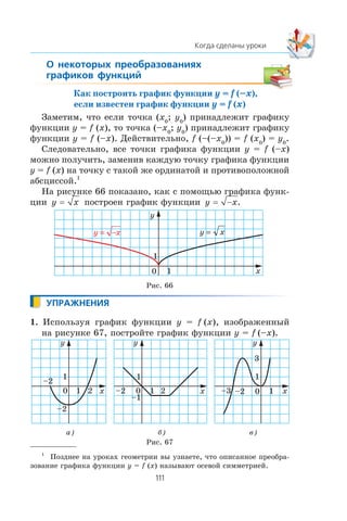 Как построить график функции y = f (–x),
если известен график функции y = f (x)
Çàìåòèì, ÷òî åñëè òî÷êà (x0
; y0
) ïðèíàäëåæèò ãðàôèêó
ôóíêöèè y = f (x), òî òî÷êà (–x0
; y0
) ïðèíàäëåæèò ãðàôèêó
ôóíêöèè y = f (–x). Äåéñòâèòåëüíî, f (–(–x0
)) = f (x0
) = y0
.
Ñëåäîâàòåëüíî, âñå òî÷êè ãðàôèêà ôóíêöèè y = f (–x)
ìîæíî ïîëó÷èòü, çàìåíèâ êàæäóþ òî÷êó ãðàôèêà ôóíêöèè
y = f (x) íà òî÷êó ñ òàêîé æå îðäèíàòîé è ïðîòèâîïîëîæíîé
àáñöèññîé.1
Íà ðèñóíêå 66 ïîêàçàíî, êàê ñ ïîìîùüþ ãðàôèêà ôóíê-
öèè y x= ïîñòðîåí ãðàôèê ôóíêöèè y x= − .
1. Èñïîëüçóÿ ãðàôèê ôóíêöèè y = f (x), èçîáðàæåííûé
íà ðèñóíêå 67, ïîñòðîéòå ãðàôèê ôóíêöèè y = f (–x).
1
Ïîçäíåå íà óðîêàõ ãåîìåòðèè âû óçíàåòå, ÷òî îïèñàííîå ïðåîáðà-
çîâàíèå ãðàôèêà ôóíêöèè y = f (x) íàçûâàþò îñåâîé ñèììåòðèåé.
x
y
0
1
1
y = x− xy =
0 2
1
x
y
1–2
–1
0
1
x
y
1–2
3
–3
à) á) â)
Ðèñ. 67
Ðèñ. 66
0 2
1
x
y
1
–2
–2
 