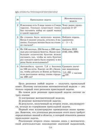 ¹ Ïðèêëàäíàÿ çàäà÷à
Ìàòåìàòè÷åñêàÿ
ìîäåëü
2 Â ìàãàçèíå åñòü 3 âèäà ÷àøåê è 2 âèäà
òàðåëîê. Ñêîëüêî ñóùåñòâóåò ñïîñî-
áîâ ñîñòàâèòü íàáîð èç îäíîé ÷àøêè
è îäíîé òàðåëêè?
×åìó ðàâíî ïðîèç-
âåäåíèå 3•2?
3 Íà ñòîÿíêå áûëî íåñêîëüêî ìàøèí.
Êîãäà 5 ìàøèí óåõàëè, îñòàëîñü 2 ìà-
øèíû. Ñêîëüêî ìàøèí áûëî íà ñòîÿí-
êå ñíà÷àëà?
Íàéäèòå êîðåíü
óðàâíåíèÿ
x – 5 = 2.
4 Èç 156 æåëòûõ, 234 áåëûõ è 390 êðàñ-
íûõ ðîç ñîñòàâèëè áóêåòû. Êàêîå íàè-
áîëüøåå êîëè÷åñòâî áóêåòîâ ìîæíî
ñîñòàâèòü òàê, ÷òîáû âî âñåõ áóêåòàõ
ðîç êàæäîãî öâåòà áûëî ïîðîâíó è âñå
ðîçû áûëè èñïîëüçîâàíû?
Íàéäèòå ÍÎÄ
(156; 234; 390)
5 Àâòîìîáèëü òðàòèò 7,8 ë áåíçèíà
íà 100 êì ïóòè. Õâàòèò ëè 40 ë áåíçè-
íà, ÷òîáû äîåõàòü îò Êèåâà äî Îäåññû,
åñëè ðàññòîÿíèå ìåæäó ýòèìè ãîðîäà-
ìè 490 êì?
Ñðàâíèòå çíà÷å-
íèå âûðàæåíèÿ
7 8 490
100
, • ñ ÷èñëîì
40
Öåëü ðåøåíèÿ ëþáîé çàäà÷è — ïîëó÷èòü ïðàâèëüíûé
îòâåò. Ïîýòîìó ñîñòàâëåíèå ìàòåìàòè÷åñêîé ìîäåëè — ýòî
òîëüêî ïåðâûé ýòàï ðåøåíèÿ ïðèêëàäíîé çàäà÷è.
Íà ñàìîì äåëå ðåøåíèå ïðèêëàäíîé çàäà÷è ñîñòîèò èç
òðåõ ýòàïîâ:
1) ïîñòðîåíèå ìàòåìàòè÷åñêîé ìîäåëè;
2) ðåøåíèå ìàòåìàòè÷åñêîé çàäà÷è;
3) ðåçóëüòàò, ïîëó÷åííûé íà âòîðîì ýòàïå, àíàëèçèðóåò-
ñÿ, èñõîäÿ èç ñîäåðæàíèÿ ïðèêëàäíîé çàäà÷è.
Ïåðâûé ýòàï èëëþñòðèðóþò ïðèâåäåííûå âûøå ïðèìå-
ðû. Çàìåòèì, ÷òî óñïåøíàÿ ðåàëèçàöèÿ ýòîãî øàãà òðåáóåò
îïðåäåëåííûõ çíàíèé â îáëàñòè, ê êîòîðîé îòíîñèòñÿ äàííàÿ
ïðèêëàäíàÿ çàäà÷à.
Ðåàëèçàöèÿ âòîðîãî ýòàïà ñâÿçàíà ëèøü ñ ìàòåìàòè÷å-
ñêîé äåÿòåëüíîñòüþ: íàõîæäåíèå çíà÷åíèé âûðàæåíèé,
 
