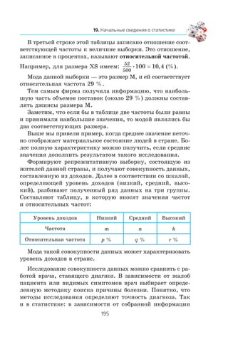 Â òðåòüåé ñòðîêå ýòîé òàáëèöû çàïèñàíî îòíîøåíèå ñîîò-
âåòñòâóþùåé ÷àñòîòû ê âåëè÷èíå âûáîðêè. Ýòî îòíîøåíèå,
çàïèñàííîå â ïðîöåíòàõ, íàçûâàþò îòíîñèòåëüíîé ÷àñòîòîé.
Íàïðèìåð, äëÿ ðàçìåðà XS èìååì:
52
500
100 10 4• , (%).=
Ìîäà äàííîé âûáîðêè — ýòî ðàçìåð Ì, è åé ñîîòâåòñòâóåò
îòíîñèòåëüíàÿ ÷àñòîòà 29 %.
Òåì ñàìûì ôèðìà ïîëó÷èëà èíôîðìàöèþ, ÷òî íàèáîëü-
øóþ ÷àñòü îáúåìîâ ïîñòàâîê (îêîëî 29 %) äîëæíû ñîñòàâ-
ëÿòü äæèíñû ðàçìåðà M.
Çàìåòèì, ÷òî åñëè áû â òàáëèöå äâå ÷àñòîòû áûëè ðàâíû
è ïðèíèìàëè íàèáîëüøèå çíà÷åíèÿ, òî ìîäîé ÿâëÿëèñü áû
äâà ñîîòâåòñòâóþùèõ ðàçìåðà.
Âûøå ìû ïðèâåëè ïðèìåð, êîãäà ñðåäíåå çíà÷åíèå íåòî÷-
íî îòîáðàæàåò ìàòåðèàëüíîå ñîñòîÿíèå ëþäåé â ñòðàíå. Áî-
ëåå ïîëíóþ õàðàêòåðèñòèêó ìîæíî ïîëó÷èòü, åñëè ñðåäíèå
çíà÷åíèÿ äîïîëíèòü ðåçóëüòàòîì òàêîãî èññëåäîâàíèÿ.
Ôîðìèðóþò ðåïðåçåíòàòèâíóþ âûáîðêó, ñîñòîÿùóþ èç
æèòåëåé äàííîé ñòðàíû, è ïîëó÷àþò ñîâîêóïíîñòü äàííûõ,
ñîñòàâëåííóþ èç äîõîäîâ. Äàëåå â ñîîòâåòñòâèè ñî øêàëîé,
îïðåäåëÿþùåé óðîâåíü äîõîäîâ (íèçêèé, ñðåäíèé, âûñî-
êèé), ðàçáèâàþò ïîëó÷åííûé ðÿä äàííûõ íà òðè ãðóïïû.
Ñîñòàâëÿþò òàáëèöó, â êîòîðóþ âíîñÿò çíà÷åíèÿ ÷àñòîò
è îòíîñèòåëüíûõ ÷àñòîò:
Óðîâåíü äîõîäîâ Íèçêèé Ñðåäíèé Âûñîêèé
×àñòîòà m n k
Îòíîñèòåëüíàÿ ÷àñòîòà p % q % r %
Ìîäà òàêîé ñîâîêóïíîñòè äàííûõ ìîæåò õàðàêòåðèçîâàòü
óðîâåíü äîõîäîâ â ñòðàíå.
Èññëåäîâàíèå ñîâîêóïíîñòè äàííûõ ìîæíî ñðàâíèòü ñ ðà-
áîòîé âðà÷à, ñòàâÿùåãî äèàãíîç. Â çàâèñèìîñòè îò æàëîá
ïàöèåíòà èëè âèäèìûõ ñèìïòîìîâ âðà÷ âûáèðàåò îïðåäå-
ëåííóþ ìåòîäèêó ïîèñêà ïðè÷èíû áîëåçíè. Ïîíÿòíî, ÷òî
ìåòîäû èññëåäîâàíèÿ îïðåäåëÿþò òî÷íîñòü äèàãíîçà. Òàê
è â ñòàòèñòèêå: â çàâèñèìîñòè îò ñîáðàííîé èíôîðìàöèè
 