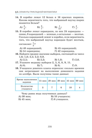 14. Â êîðîáêå ëåæàò 12 áåëûõ è 16 êðàñíûõ øàðèêîâ.
Êàêîâà âåðîÿòíîñòü òîãî, ÷òî âûáðàííûé íàóãàä øàðèê
îêàæåòñÿ áåëûì?
À)
3
4
; Á)
3
7
; Â)
1
12
; Ã)
4
7
.
15. Â êîðîáêå ëåæàò êàðàíäàøè, èç íèõ 24 êàðàíäàøà —
ñèíèå, 8 êàðàíäàøåé — çåëåíûå, à îñòàëüíûå — æåëòûå.
Ñêîëüêî êàðàíäàøåé ëåæèò â êîðîáêå, åñëè âåðîÿòíîñòü
òîãî, ÷òî âûáðàííûé íàóãàä êàðàíäàø áóäåò æåëòûì,
ñîñòàâëÿåò
1
3
?
À) 48 êàðàíäàøåé; Â) 45 êàðàíäàøåé;
Á) 54 êàðàíäàøà; Ã) 42 êàðàíäàøà.
16. Íàéäèòå ñðåäíåå çíà÷åíèå âûáîðêè, ñîñòîÿùåé èç ÷èñåë
1,6; 1,8; 2,5; 2,2; 0,9.
À) 2,5; Á) 2,2; Â) 1,8; Ã) 2,6.
17. Óêàæèòå ìåäèàíó âûáîðêè 2, 5, 6, 8, 9, 11.
À) 6; Á) 7; Â) 8; Ã) 9.
18. Ó÷àùèõñÿ äåâÿòîãî êëàññà îïðîñèëè: ñêîëüêî âðåìåíè
îíè çàòðà÷èâàþò íà âûïîëíåíèå äîìàøíåãî çàäàíèÿ
ïî àëãåáðå. Áûëè ïîëó÷åíû òàêèå äàííûå:
Âðåìÿ âûïîëíåíèÿ
çàäàíèÿ
15 ìèí 20 ìèí 30 ìèí 45 ìèí 60 ìèí
Êîëè÷åñòâî
ó÷àùèõñÿ
3 7 6 10 4
×åìó ðàâíà ìîäà ïîëó÷åííûõ äàííûõ?
À) 30 ìèí; Â) 10 ó÷àùèõñÿ;
Á) 45 ìèí; Ã) 6 ó÷àùèõñÿ.
 
