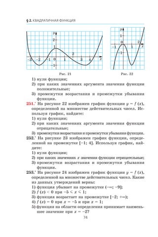 1) íóëè ôóíêöèè;
2) ïðè êàêèõ çíà÷åíèÿõ àðãóìåíòà çíà÷åíèÿ ôóíêöèè
ïîëîæèòåëüíûå;
3) ïðîìåæóòêè âîçðàñòàíèÿ è ïðîìåæóòêè óáûâàíèÿ
ôóíêöèè.
251.° Íà ðèñóíêå 22 èçîáðàæåí ãðàôèê ôóíêöèè y = f (x),
îïðåäåëåííîé íà ìíîæåñòâå äåéñòâèòåëüíûõ ÷èñåë. Èñ-
ïîëüçóÿ ãðàôèê, íàéäèòå:
1) íóëè ôóíêöèè;
2) ïðè êàêèõ çíà÷åíèÿõ àðãóìåíòà çíà÷åíèÿ ôóíêöèè
îòðèöàòåëüíûå;
3) ïðîìåæóòêèâîçðàñòàíèÿèïðîìåæóòêèóáûâàíèÿôóíêöèè.
252.° Íà ðèñóíêå 23 èçîáðàæåí ãðàôèê ôóíêöèè, îïðåäå-
ëåííîé íà ïðîìåæóòêå [–1; 4]. Èñïîëüçóÿ ãðàôèê, íàé-
äèòå:
1) íóëè ôóíêöèè;
2) ïðè êàêèõ çíà÷åíèÿõ x çíà÷åíèÿ ôóíêöèè îòðèöàòåëüíûå;
3) ïðîìåæóòêè âîçðàñòàíèÿ è ïðîìåæóòêè óáûâàíèÿ
ôóíêöèè.
253.° Íà ðèñóíêå 24 èçîáðàæåí ãðàôèê ôóíêöèè y = f (x),
îïðåäåëåííîé íà ìíîæåñòâå äåéñòâèòåëüíûõ ÷èñåë. Êàêèå
èç äàííûõ óòâåðæäåíèé âåðíû:
1) ôóíêöèÿ óáûâàåò íà ïðîìåæóòêå (–∞; –9];
2) f (x) < 0 ïðè –5 m x m 1;
3) ôóíêöèÿ âîçðàñòàåò íà ïðîìåæóòêå [–2; +∞);
4) f (x) = 0 ïðè x = –5 è ïðè x = 1;
5) ôóíêöèÿ íà îáëàñòè îïðåäåëåíèÿ ïðèíèìàåò íàèìåíü-
øåå çíà÷åíèå ïðè x = –2?
0
2
4
2
1
–1
3 x
y
1–1–2–3
0 2
1
x
y
1–1
–1
Ðèñ. 21 Ðèñ. 22
 