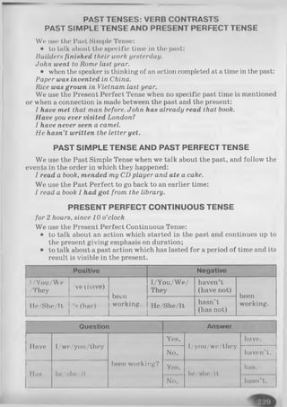 PAST TENSES: VERB CONTRASTS
PAST SIMPLE TENSE AND PRESENT PERFECT TENSE
We uso the Past Simple Tense:
• to talk about the specific time in the past:
Builders finished their work yesterday.
John went to Rome last year.
• when the speaker is thinking of an action completed at a time in the past:
Paper was invented in China.
Rice was grown in Vietnam last year.
We use the Present Perfect Tense when no specific past time is mentioned
or when a connection is made between the past and the present:
I have met that man before. John has already read that book.
Have you ever visited London?
I have never seen a camel.
He hasn’t written the letter yet.
PAST SIMPLE TENSE AND PAST PERFECT TENSE
We use the Past Simple Tense when we talk about the past, and follow the
events in the order in which they happened:
I read a book, mended my CD player and ate a cake.
We use the Past Perfect to go back to an earlier time:
I read a book I had got from the library.
PRESENT PERFECT CONTINUOUS TENSE
for 2 hours, since 10 o’clock
We use the Present Perfect Continuous Tense:
• to talk about an action which started in the past and continues up to
the present giving emphasis on duration;
• to talk about a past action which has lasted for a period of time and its
result is visible in the present.
P o sitive N e g a tiv e
1/You/We
/They
ve(have)
been
working.
1/You/We/
They
haven’t
(have not)
been
working.He/She/Tt ’p (ha?) He/She/It
hasn’t
(has not)
Q u estio n A n sw er
Have I/we/you/they
been working?
Yes,
I/you/we/they
have.
No, haven’t.
.......
Has he/she/lt
Yen,
No.
lut/sho/it
has.
hiiHii’t.
 