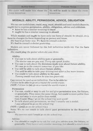 A ctlvo V o ice P assive V o ic e
Пін sister w ill make him clean tin*
room tomorrow.
Hi1 w ill be made to clean the room
tomorrow.
MODALS: ABILITY, PERMISSION, ADVICE, OBLIGATION
We can use modals (can, could, may, must, should) and semi-modals (have to,
ought to) to express permission, ability, obligation, advice and criticism.
• have to has a similar meaning to must
• ought to has a similar meaning to should
While modals and ought to have only one form ( I should, he should, etc.),
have to changes its form depending on person and tense.
She has to go home now. We have to consult a doctor.
We had to consult a doctor yesterday.
Modals are never followed by the full infinitive (with to). Use the bare
infinitive.
She could play the guitar when she was three.
Ability
• Use can to talk about ability now or generally.
The doctor can see you now. Terry can speak Arabic.
• Use can to talk about the decisions made now about future ability.
We can go to the concert tomorrow, if you like.
• Use will be able to talk about future ability.
You will be able to take your driving test after a few more lessons.
• Use could to talk about ability in the past.
Tommy could read when he was two years old.
Can cannot be used as an infinitive. Use to be able to:
I ’d love to be able to go on a round-the-world cruise.
(NOT: I ’d love to go on a round-the-world cruise.)
Permission
• Use can, could or may to ask for and give permission now, for future,
or generally. They mean the same thing, but could is more polite than
can, and may is more polite than could.
Can/Could/M ay I go on the school trip next week?
• To talk about past permission, we don’t usually use a modal.
I was allowed to go on the school trip.
(NOT: I cfrt((d go on the school trip.)
Note: We do use could to talk about past permission in the Reported
Speech.
M y parents said I could go on the school trip.
Advice
• l Inc should or ought to to мнк for and give advice now, for future, or
generally. They hove n very sim ilar meaning, but should is much more
 