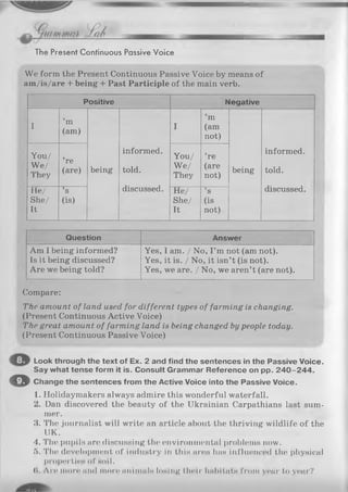 The Present Continuous Passive Voice
We form the Present Continuous Passive Voice by means of
ain/is/are + being + Past Participle of the main verb.
Positive Negative
I
’m
(am)
being
informed.
told.
discussed.
I
’m
(am
not)
being
informed.
told.
discussed.
You/
We/
They
’re
(are)
You/
We/
They
’re
(are
not)
He/
She/
It
*8
(is)
He/
She/
It
’s
(is
not)
Question Answer
Am I being informed?
Is it being discussed?
Are we being told?
Yes, I am. / No, I ’m not (am not).
Yes, it is. / No, it isn’t (is not).
Yes, we are. / No, we aren’t (are not).
Compare:
The amount of land used for different types of farming is changing.
(Present Continuous Active Voice)
The great amount of farming land is being changed bypeople today.
(Present Continuous Passive Voice)
Look through the text of Ex. 2 and find the sentences in the Passive Voice.
Say what tense form it is. Consult Grammar Reference on pp. 2 4 0 -2 4 4 .
O Change the sentences from the Active Voice into the Passive Voice.
1. Holidaymakers always admire this wonderful waterfall.
2. Dan discovered the beauty of the Ukrainian Carpathians last sum­
mer.
3. The journalist will write an article about the thriving wildlife of the
UK.
4. The pupils are discussing the environmental problems now.
5. The development of industry in this nrea has influenced the physical
properties of soil.
(I. Are more imd more ішіпшін losing their habitats from year to year?
 