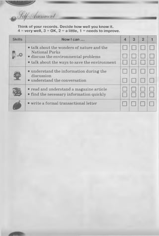 Think of your records. Decide how well you know it.
4 = very well, 3 = OK, 2 = a little, 1 = needs to improve.
Skills N o w 1 c a n . . . 4 3 2 1
• talk about the wonders of nature and the
National Parks
□ □ □ □
L - o O
• discuss the environmental problems u u u u
• talk about the ways to save the environment □ □ □ □
É
• understand the information during the
discussion
□ □ □ □
• understand the conversation u u u u
m • read and understand a magazine article □ □ □ □
• find the necessary information quickly □ □ □ □
é • write a formal transactional letter □ □ □ □
 