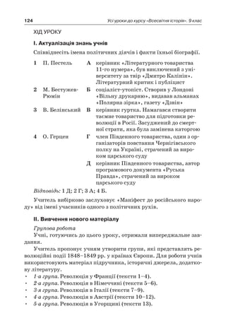 124 Усі уроки до курсу «Всесвітня історія». 9 клас
Хід уроку
І. Актуалізація знань учнів
Співвіднесіть імена політичних діячів і факти їхньої біографії.
1	 П. Пестель А	 керівник «Літературного товариства
11-го нумера», був виключений з уні-
верситету за твір «Дмитро Калінін».
Літературний критик і публіцист
2	 М. Бестужев-
Рюмін
Б	 соціаліст-утопіст. Створив у Лондоні
«Вільну друкарню», видавав альманах
«Полярна зірка», газету «Дзвін»
3	 В. Белінський В	 керівник гуртка. Намагався створити
таємне товариство для підготовки ре-
волюції в Росії. Засуджений до смерт-
ної страти, яка була замінена каторгою
4	 О. Герцен Г	 член Південного товариства, один з ор-
ганізаторів повстання Чернігівського
полку на Україні, страчений за виро-
ком царського суду
Д	 керівник Південного товариства, автор
програмового документа «Руська
Правда», страчений за вироком
царського суду
Відповідь: 1 Д; 2 Г; 3 А; 4 Б.
Учитель вибірково заслуховує «Маніфест до російського наро-
ду» від імені учасників одного з політичних рухів.
ІІ. Вивчення нового матеріалу
Групова робота
Учні, готуючись до цього уроку, отримали випереджальне зав­
дання.
Учитель пропонує учням утворити групи, які представлять ре-
волюційні події 1848–1849 рр. у країнах Європи. Для роботи учнів
використовують матеріал підручника, історичні джерела, додатко-
ву літературу.
•	 1-а група. Революція у Франції (тексти 1–4).
•	 2-а група. Революція в Німеччині (тексти 5–6).
•	 3-я група. Революція в Італії (тексти 7–9).
•	 4-а група. Революція в Австрії (тексти 10–12).
•	 5-а група. Революція в Угорщині (тексти 13).
 