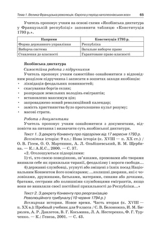 65Тема1.ВеликаФранцузькареволюція.Європауперіоднаполеонівськихвоєн
Учитель пропонує учням на основі схеми «Якобінська диктатура
у Французькій республіці» заповнити таблицю «Конституція
1793 р.».
Напрями Конституція 1793 р.
Форма державного управління Республіка
Виборча система Загальне виборче право
Ставлення до власності Гарантоване право власності
Якобінська диктатура
Самостійна робота з підручником
Учитель пропонує учням самостійно ознайомитися з відповід-
ним розділом підручника і записати в зошитах заходи якобінців:
•	 ліквідація феодальних повинностей;
•	 скасування боргів селян;
•	 розпродаж земельних володінь емігрантів;
•	 встановлено максимум цін;
•	 запроваджено новий революційний календар;
•	 замість християнства було проголошено культ розуму;
•	 масові страти.
Робота з документами
Учитель пропонує учням ознайомитися з документами, від-
повісти на питання і визначити суть якобінської диктатури.
Текст 1. З декрету Конвенту про підозрілих від 17 вересня 1793 р.
Всесвітня історія: 9 кл.: Нова історія (к. XVIII — п. XX ст.) /
О. В. Гісем, О. О. Мартинюк, А. Л. Ольбішевський, В. М. Щерби-
на. — К.: А.К.С., 2000. — С. 37.
«2. Оголошуються підозрілими:
1) ті, хто своєю поведінкою, зв’язками, промовами або творами
виявили себе як прихильки тиранії, феодалізму і вороги свободи...
4) державні службовці, усунуті або зміщені з їхніх посад Націо-
нальним Конвентом його комісарами; ...колишні дворяни, які є чо-
ловіками, дружинами, батьками, матерями, синами або дочками,
братами, сестрами або колишніми службовцями емігрантів, якщо
вони не виявляли своєї постійної прихильності до Республіки...»
Текст 2. З декрету Конвенту про реорганізацію
Революційного трибуналу (10 червня 1794 р.)
Всемирная история. Новое время. Часть вторая (к. XVIII —
п. XX в.): Пробный учебник для 9 класса / С. В. Белоножко, И. М. Би-
рюлев, А. Р. Давлетов, В. Г. Косьмина, Л. А. Нестеренко, Ф. Г. Тур-
ченко. — К.: Генеза, 2001. — С. 43.
 