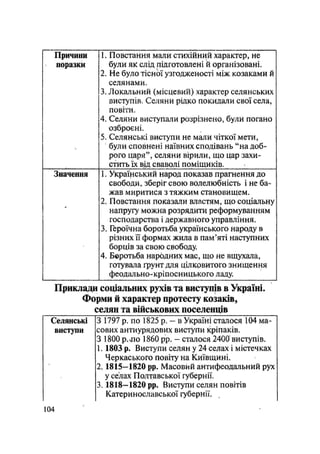 Причини
поразки
1. Повстання мали стихійний характер, не
були як слід підготовлені й організовані.
2. Не було тісної узгодженості між козаками й
селянами.
3. Локальний (місцевий) характер селянських
виступів. Селяни рідко покидали свої села,
повіти.
4. Селяни виступали розрізнено, були погано
озброєні.
5. Селянські виступи не мали чіткої мети,
були сповнені наївних сподівань "на доб-
рого царя", селяни вірили, що цар захи-
стить їх від сваволі поміщиків.
Значення 1. Український народ показав прагнення до
свободи, зберіг свою волелюбність і не ба-
жав миритися з тяжким становищем.
2. Повстання показали властям, що соціальну
напругу можна розрядити реформуванням
господарства і державного управління.
3. Героїчна боротьба українського народу в
різних її формах жила в пам'яті наступних
борців за свою свободу.
4. Боротьба народних мас, що не вщухала,
готувала грунт для цілковитого знищення
феодально-кріпосницького ладу.
Приклади соціальних рухів та вистущв в Україні,
Форми й характер протесту козаків,
селян та військових поселенців
Селянські
виступи
З 1797 р. по 1825 р. - в Україні сталося 104 ма-
сових антиурядових виступи кріпаків.
З 1800 р.чпо 1860 pp. - сталося 2400 виступів.
1. 1803 р. Виступи селян у 24 селах і містечках
Черкаського повіту на Київщині.
2.1815—1820 pp. Масовий антифеодальний рух
у селах Полтавської губернії.
3.1818-1820 pp. Виступи селян повітів
Катеринославської губернії.
104
 
