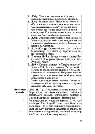 4.1824 p. Селянські виступи на Кіровогт
радщині, спричинені неврожаєм і голодом.
5.1825 р. Заклики селян Поділля до повстання
нібито посланцем великого князя, так звана
"костяитинівська легенда", суть якої поля-
гала в тому, що нібито спадкоємець трону
— цесаревич Костянтин — хотів дати селянам
волю, але його позбавили престолу.
6.1826 р. Селянські заворушення на Уманщині.
Селяни оголосили себе вільними, почали за-
хоплювати поміщицьке майно. Очолив по-
встання О. Семенов.
7.1832-1833 pp. Селянські виступи охопили
Харківщину, Чернігівщину Херсонщину Че-
рез неврожай л голод.
8. 26 квітня 1848 р. Виступ селян у маєтку Бо-
бринської (Катеринославська губернія, Бах-
мутський повіт).
9.1856 р. Селянський рух "у Таврію за волею".
Селяни 674 сіл з населенням 76 тис. осіб із
сім'ями та своїм скарбом пішли в Крим, спо-
діваючись на визволення. Регулярні війська
спромоглися спинити селянський рух, лише
застосувавши артилерію.
Скрізь для придушення повстань влада за-
стосовувала військову силу, використовувала
. регулярні військові частини.
Літо 1817 р. Повстання бузьких козаків на
Херсонщині, яке було викликане ліквідацією
козацького війська. Очолювали повстання
> Панас Бабиченко і Герасим Гетьманенко.,
На придушення повстання кинуто 10 тис. сол-
датів російської армії. Повстання було роз-
громлено. 100 найактивніших повстанців від-
дали до суду (багатьох засудили до страти, до
покарання шпіцрутенами, до вічної каторги у
Сибірському військовому корпусі).
Повстання
козаків
105
 