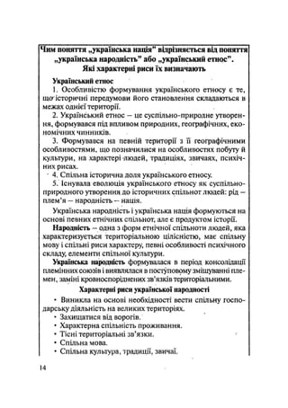Чим поняття „українська нація" відрізняється від поняття
„українська народність55
або „український етнос55
.
Які характерні риси їх визначають
Український етнос
1. Особливістю формування українського етносу є те,
що історичні передумови його становлення складаються в
межах однієї території.
2. Український етнос — це суспільно-природне утворен-
ня, формувався під впливом природних, географічних, еко-
номічних чинників.
3. Формувався на певній території з її географічними
особливостями, що позначилися на особливостях побуту й
культури, на характері -людей, традиціях, звичаях, психіч-
них рисах.
• 4. Спільна історична доля українського етносу.
5. існувала еволюція українського етносу як суспільно-
природного утворення до історичних спільнот людей: рід —
плем'я — народність — нація.
Українська народність і українська нація формуються на
основі певних етнічних спільнот, але є продуктом історії.
Народність — одна з форм етнічної спільноти людей, яка
характеризується територіальною цілісністю, має спільну
мову і спільні риси характеру, певні особливості психічного
складу, елементи спільної культури.
Українська народність формувалася в період консолідації
племінних союзів і виявлялася в поступоврму змішуванні пле-
мен, заміні кровноспоріднених зв'язків територіальними.
Характерні риси української народності
• Виникла на основі необхідності вести спільну госпо-
дарську діяльність на великих територіях.
• Захищатися від ворогів.
• Характерна спільність проживання.
• Тісні територіальні зв'язки. '
• Спільна мова.
• Спільна культура, традиції, звичаї.
14
 