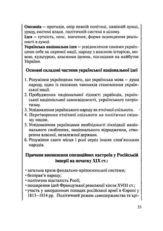 Опозиція — протидія, опір певній політиці, панівній думці,
уряду, системі влади, політичній системі в цілому.
Ідея — сутність, сенс, значення; форма осмислення реаль-
ності в думці.
Українська національна ідея — усвідомлення самими україн-
цями себе як окремої нації, народу з власною історією, мо-
вою, культурою, власними ідеями, поглядами на майбутнє
України.
Основні складові частини української національної ідеї
1. Розуміння українцями того, що українська мова — душа
народу, один із головних чинників становлення україн-
ської нації.
2. Пробудження національної гідності українців, україн-
ської національної самосвідомості, українського патріо-
тизму.
3. Усвідомлення українського народу як етнічної спільноти. ^
4. Перетворення етнічної спільноти на політично свідо-
му націю.
5. Усвідомлення українцями необхідності ліквідації націо-
нального гноблення, національного відродження, ство-
рення власної, незалежної держави.
6. Розуміння свого місця і ролі сербд інших слов'янських
народів.
Причини виникнення опозиційних настроїв у Російській
імперії на початку XIX ст.:
• загальна криза феодально-кріпосницької системи;
• безправ'я народу;
• політична відсталість Росії;
• поширення ідей Французької революції кінця XVIII ст.;
• участь у закордонних походах російської армії в Європі у
1813— 1814 pp. Політичний режим самодержавства та крі-
55
 