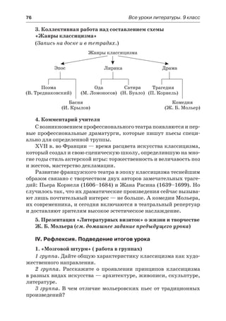 76	 Все уроки литературы. 9 класс
3. Коллективная работа над составлением схемы
«Жанры классицизма»
(Запись на доске и в тетрадях.)
4. Комментарий учителя
С возникновением профессионального театра появляются и пер-
вые профессиональные драматурги, которые пишут пьесы специ-
ально для определенной труппы.
XVII в. во Франции — время расцвета искусства классицизма,
который создал и свою сценическую школу, определившую на мно-
гие годы стиль актерской игры: торжественность и величавость поз
и жестов, мастерство декламации.
Развитие французского театра в эпоху классицизма теснейшим
образом связано с творчеством двух авторов замечательных траге-
дий: Пьера Корнеля (1606–1684) и Жана Расина (1639–1699). Но
случилось так, что их драматические произведения сейчас вызыва-
ют лишь почтительный интерес — не больше. А комедии Мольера,
их современника, и сегодня включаются в театральный репертуар
и доставляют зрителям высокое эстетическое наслаждение.
5. Презентация «Литературных визиток» о жизни и творчестве
Ж. Б. Мольера (см. домашнее задание предыдущего урока)
IV. Рефлексия. Подведение итогов урока
1. «Мозговой штурм» ( работа в группах)
1 группа. Дайте общую характеристику классицизма как худо-
жественного направления.
2 группа. Расскажите о проявлении принципов классицизма
в разных видах искусства — архитектуре, живописи, скульптуре,
литературе.
3 группа. В чем отличие мольеровских пьес от традиционных
произведений?
 