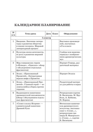 Календарное планирование
№
п/п
Тема урока Дата Класс Оборудование
I семестр
1 Введение. Значение литера-
туры в развитии общества
и жизни человека. Мировой
литературный процесс
Выставка произведе-
ний, изучаемых
в 9-м классе
2 Культура эпохи античности,
ее роль в развитии мировой
культуры
Слайды или видеома-
териалы с изображе-
нием древнегреческих
муз
3 Мир гомеровских героев
(«Илиада», «Одиссея»: обзор
с обсуждением отдельных
фрагментов)
Портрет Гомера, раз-
даточный материал
4 Эсхил. «Прикованный
Прометей». Литературная
версия мифа о Прометее
Портрет Эсхила
5 Эсхил. «Прикованный Про-
метей». Главный герой — че-
ловеколюбец и борец против
тирании
Раздаточный матери-
ал для работы в парах
6 Выдающиеся памятники
древнерусской письменности
(обзор с обсуждением отдель-
ных фрагментов)
Репродукции картин
В. Васнецова, М. Вру-
беля, А. Бубнова,
П. Корина
7 «Слово о полку Игореве» —
удивительный памятник
Древней Руси
Фотокопии памятни-
ков древнерусского
искусства, выставка
книг о «Слове…»,
репродукции гра-
вюры В. Фаворского
к «Слову…», картин
В. Васнецова
 