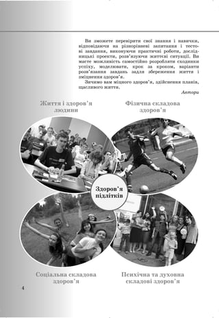 Ви зможете перевірити свої знання і навички,
відповідаючи на різнорівневі запитання і тесто-
ві завдання, виконуючи практичні роботи, дослід-
ницькі проекти, розв’язуючи життєві ситуації. Ви
маєте можливість самостійно розробляти сходинки
успіху, моделювати, крок за кроком, варіанти
розв’язання завдань задля збереження життя і
зміцнення здоров’я.
Зичимо вам міцного здоров’я, здійснення планів,
щасливого життя.
Автори
4
Психічна та духовна
складові здоров’я
Соціальна складова
здоров’я
Фізична складова
здоров’я
Життя і здоров’я
людини
Здоров’я
підлітків
 