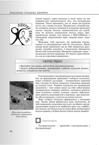 основі страху, через неуцтво, а іноді через те, що
найпростіше звинувачувати тих, хто постраждав
першим. Часто вважають, що ці люди заслужили
на те, що з ними сталося. Наприклад, співробітни-
ки лікарень можуть відмовити в наданні медичних
послуг людям, батьки відмовляються від дітей,
діти не можуть відвідувати школу тощо. Дис-
кримінація людей, які живуть з ВІЛ/СНІДом, є
очевидним порушенням прав людини (див. дода-
ток 14).
Можливо, тобі здається, що проблеми стигма-
тизації та дискримінації тебе не стосуються. Проте
завтра може трапитися, що до тебе звернеться друг,
якому потрібна допомога. І недостатня обізнаність
багато тобі коштуватиме. Незнання породжує страх –
ця реакція цілком природна. Усі мають право бояти-
ся, але не агресивно поводитися.
x Вивчайте свої права, щоб не бути дискримінованим.
x Будьте доброзичливими, допомагайте слабким подолати розпач,
депресію, повернути сенс життя.
Стигматизація і дискримінація негативно вплива-
ють на формування державної ґендерної політики,
нової ґендерної культури – толерантності відносин
між статями та більш уважного ставлення держави
до кожної статі. Україна підписала всі міжнародні
документи і тим самим взяла на себе зобов’язання
утверджувати ґендерну рівність, захищати рівність
прав чоловіків і жінок, хлопців і дівчат, забезпечу-
вати рівність можливостей у навчанні, при медично-
му обслуговуванні, у доступі до інших послуг.
Нові ґендерні стосунки формуються у молодому
віці. Таким чином формується нове суспільство, де
тебе поважають незалежно від статі, де дбають про ре-
продуктивне здоров’я як майбутніх мам, так і майбут-
ніх татусів, де святкується не лише День матері (друга
неділя травня), а й День батька (третя неділя червня).
Пам’ятайте
Толерантність – протидія стигматизації і
дискримінації.
СОЦІАЛЬНА СКЛАДОВА ЗДОРОВ’Я
54
Щаслива та родина,
де батьки поважають
один одного
 