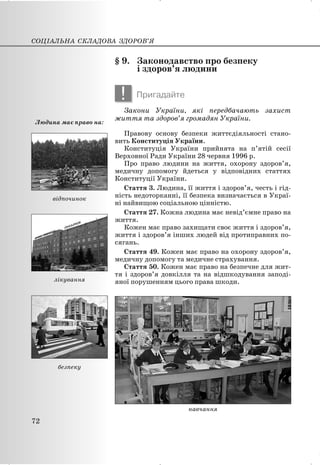§ 9. Законодавство про безпеку
і здоров’я людини
! Пригадайте
Закони України, які передбачають захист
життя та здоров’я громадян України.
Правову основу безпеки життєдіяльності стано-
вить Конституція України.
Конституція України прийнята на п’ятій сесії
Верховної Ради України 28 червня 1996 р.
Про право людини на життя, охорону здоров’я,
медичну допомогу йдеться у відповідних статтях
Конституції України.
Стаття 3. Людина, її життя і здоров’я, честь і гід-
ність недоторканні, її безпека визначається в Украї-
ні найвищою соціальною цінністю.
Стаття 27. Кожна людина має невід’ємне право на
життя.
Кожен має право захищати своє життя і здоров’я,
життя і здоров’я інших людей від протиправних по-
сягань.
Стаття 49. Кожен має право на охорону здоров’я,
медичну допомогу та медичне страхування.
Стаття 50. Кожен має право на безпечне для жит-
тя і здоров’я довкілля та на відшкодування заподі-
яної порушенням цього права шкоди.
навчання
СОЦІАЛЬНА СКЛАДОВА ЗДОРОВ’Я
72
відпочинок
Людина має право на:
лікування
безпеку
 