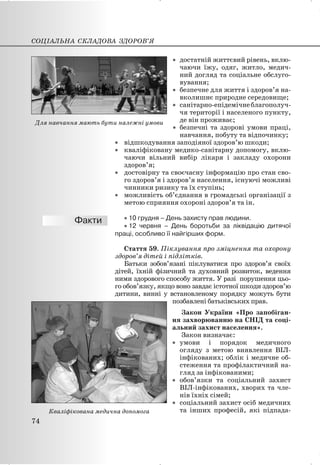 x достатній життєвий рівень, вклю-
чаючи їжу, одяг, житло, медич-
ний догляд та соціальне обслуго-
вування;
x безпечне для життя і здоров’я на-
вколишнє природне середовище;
x санітарно-епідемічнеблагополуч-
чя території і населеного пункту,
де він проживає;
x безпечні та здорові умови праці,
навчання, побуту та відпочинку;
x відшкодування заподіяної здоров’ю шкоди;
x кваліфіковану медико-санітарну допомогу, вклю-
чаючи вільний вибір лікаря і закладу охорони
здоров’я;
x достовірну та своєчасну інформацію про стан сво-
го здоров’я і здоров’я населення, існуючі можливі
чинники ризику та їх ступінь;
x можливість об’єднання в громадські організації з
метою сприяння охороні здоров’я та ін.
x 10 грудня – День захисту прав людини.
x 12 червня – День боротьби за ліквідацію дитячої
праці, особливо її найгірших форм.
Стаття 59. Піклування про зміцнення та охорону
здоров’я дітей і підлітків.
Батьки зобов’язані піклуватися про здоров’я своїх
дітей, їхній фізичний та духовний розвиток, ведення
ними здорового способу життя. У разі порушення цьо-
го обов’язку, якщо воно завдає істотної шкоди здоров’ю
дитини, винні у встановленому порядку можуть бути
позбавлені батьківських прав.
Закон України «Про запобіган-
ня захворюванню на СНІД та соці-
альний захист населення».
Закон визначає:
x умови і порядок медичного
огляду з метою виявлення ВІЛ-
інфікованих; облік і медичне об-
стеження та профілактичний на-
гляд за інфікованими;
x обов’язки та соціальний захист
ВІЛ-інфікованих, хворих та чле-
нів їхніх сімей;
x соціальний захист осіб медичних
та інших професій, які підпада-
СОЦІАЛЬНА СКЛАДОВА ЗДОРОВ’Я
74
Кваліфікована медична допомога
Для навчання мають бути належні умови
 