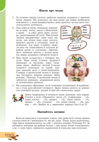 150
Факти про мозок
1.
	
За останню чверть століття зроблено визначні відкриття у вивченні
мозку людини. Ми дізналися, що наш мозок має майже необмежені
можливості, а люди використовують лише крихітну частку свого інте-
лектуального потенціалу.
2.
	
Ліва півкуля мозку відповідає переваж-
но за мову, логіку, аналіз і обчислення,
а права — за уяву, ритм, риму, кольо-
ри, розпізнавання об’єктів. Чим більше
людина використовує лише одну пів-
кулю, тим менше вона може послуго-
вуватись другою в ситуаціях, коли це
необхідно. Але якщо «слабшу» півку-
лю весь час стимулювати й залучати до
роботи разом із «сильною», ефектив-
ність навчання зростає у кілька разів
(це явище називають синергією мозку).
3.
	
Наш мозок складається з чотирьох від-
ділів. Кора мозку («мозок людини»)
відповідає за мислення, керує свідо-
мими діями. Лімбічна система («мозок
ссавців») відповідає за емоції, віді-
грає важливу роль у запам’ятовуванні.
Стовбур («рептильний мозок») контро-
лює інстинкти, зокрема дихання, обмін
речовин. Мозочок («маленький мозок»)
забезпечує рівновагу, координацію рухів
та пізнавальних процесів.
4.
	
Ми навчаємось ефективно, коли позитивно налаштовані й перебуває-
мо у стані розслабленої готовності. Цього можна досягти за допомо-
гою спокійної музики, цікавої історії або спеціальних вправ.
Зняти напруження й освіжити мозок допоможе така вправа.
Станьте в коло. «Напишіть» носом «1», підборіддям — «2»,
лівим плечем — «3», правим — «4», лівим ліктем — «5»,
правим — «6», стегнами — «7», лівою стопою — «8», пра-
вою
 
—
 
«9».  Зробіть це у зворотному порядку (від 9 до 1).
  
Навчайтесь активно
Коли ви навчалися в молодших класах, вам треба було тільки уважно
слухати вчителя і виконувати те, що він задає. Тепер цього недостатньо,
пора брати відповідальність на себе і вчитись активно (Таблиця 8).  За
активного навчання ми робимо більше і при цьому менше втомлюємось,
а це, у свою чергу, приносить задоволення й стимулює наш ентузіазм.
мова
логіка
аналіз
обчислення
уява
ритм
рима
кольори
1 + 1 = 5
синергія
 