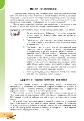 168
Проект самовиховання
У процесі свого розвитку людина пізнає себе, вчиться адекватно оціню-
вати свої сильні та слабкі сторони й з часом відчуває потребу у самовдос-
коналенні.  З  цього моменту не усвідомлений людиною розвиток перетворю-
ється на процес самовиховання — систематичну і послідовну роботу з удо-
сконалення позитивних і позбавляння від негативних якостей.
  
Багато ваших однолітків хотіли б стати кращими, та не знають, з чого
почати. У цьому вам допоможе проект самовиховання характеру.
Започаткуйте новий проект самовдосконалення.  Для цього:
1.
	
За допомогою анкет (Додаток 7) складіть номограму
вашого характеру. Проаналізуйте додаткові вигоди від
самовиховання.
2.
	
Оберіть одну рису характеру, яку хочете вдосконалити,
і поставте це собі за мету (наприклад, підвищити рівень
душевної щедрості).
3.
	
Пам’ятайте, що в основі кожної сформованої риси
характеру лежать звички, а рецепт самовиховання
зашифровано у народній мудрості: «Посієш вчинок —
пожнеш звичку. Посієш звичку — пожнеш характер.
Посієш характер — пожнеш долю». Тому, якщо хочете
підвищити рівень своєї душевної щедрості, намагайте-
ся частіше усміхатись, не скупіться на похвалу, запро-
шуйте гостей, залучайте друзів до ваших справ, приді-
ляйте більше уваги родині, допомагайте сусідам тощо.
4.
	
Відзначайте свій прогрес: радійте успіхам, розкажіть
про це своїм батькам і близьким друзям.
5.
	
Коли відчуєте, що досягли бажаного результату, визна-
чіть для себе наступну мету і так далі.
      
Здоров’я в ієрархії життєвих цінностей
Упродовж життя цінності й пріоритети можуть змінюватися.
Наприклад, у дитинстві ми найбільше цінуємо батьківську турботу, в
першому класі — похвалу вчителя, у підлітковому віці — дружбу, у
дорослому житті — родину й особисті досягнення.
Чого хочуть від життя сучасні підлітки? Що вони найбільше цінують?
Такі запитання поставили перед собою дослідники і попросили більш як
2000 ваших однолітків оцінити життєві цінності з різних сфер їхнього
життя.
З  кожної пари запропонованих цінностей учасникам дослідження
треба було вибрати те, що вони вважають найважливішим.  Дослідження
дало змогу визначити рейтинг цінностей сучасної молоді в діапазоні від 0
до 10. Його результати наведено в таблиці 10 (джерело:  С.  В. Кривцова.
Подросток на перекрестке эпох. — М., 1997).
 