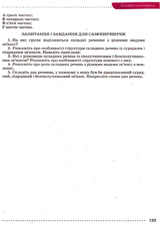 Складні конструкції
А трьох частин;
Б чотирьох частин;
В п'яти частин;
Г шести частин.
ЗАПИТАННЯ І ЗАВДАННЯ ДЛЯ САМОПЕРЕВІРКИ
1.На які групи поділяються складні речення з різними видами
зв'язку?
2. Розкажіть про особливості структури складних речень із сурядним і
підрядним зв'язком. Наведіть приклади.
3. Які є різновиди складних речень із сполучниковим і безсполучнико-
вим зв'язком? Розкажіть про особливості структури кожного з них.
4. Розкажіть про роль складних речень з різними видами зв'язку в мов-
ленні.
5. Складіть два речення, у кожному з яких був би представлений суряд-
ний, підрядний і безсполучниковий зв'язок. Накресліть схеми цих речень.
123
 
