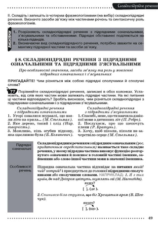 Складного) рядне речення
II. Складіть і запишіть із чотирма фразеологізмами (на вибір) складнопідрядні
речення. Визначте засоби зв'язку між частинами речень та синтаксичну роль
фразеологізмів.
1. Розрізняють складнопідрядні речення з підрядними означальними
з'ясувальними та обставинними. Підрядні обставинні поділяються на
кілька підвидів.
2. Визначаючи вид складнопідрядного речення, потрібно зважити на се
мантику підрядної частини та засоби зв'язку.
§ 8. СКЛАДНОПІДРЯДНІ РЕЧЕННЯ З ПІДРЯДНИМИ
ОЗНАЧАЛЬНИМИ ТА ПІДРЯДНИМИ З'ЯСУВАЛЬНИМИ
Про особливості значення, засоби зв'язку та роль у мовленні
підрядних означальних і з'ясувальних
ПРИГАДАЙТЕ! Чим різняться між собою підрядні сполучники й сполучні
слова?
Порівняйте складнопідрядні речення, записані в обох колонках. Уста-
новіть, від слів яких частин мови залежать підрядні частини. На які питання
ці частини відповідають? Зробіть висновок, чим різняться складнопідрядні з
підрядними означальними і з підрядними з'ясувальними.
Складнопідрядні речення
з підрядними означальними
1. Угорі озвалися журавлі, що взя-
ли літо на крила... (М. Стельмах).
2. Яке дерево, такий і плід (Нар.
творчість ).
3. Можливо, кінь згубив підкову,
яка щасливою була (Б. Коханевич ).
Складнопідрядні речення
з підрядними з'ясувальними
1. Спасибі, нене, щоти навчила дзвін-
кої мови з дитинних літ (П. Ребро).
2. Послухаєм, про що шепочуть
клени (Р. Братунь).
3. Хочу, щоб ніколи, ніколи не за-
черствіло серце (М. Стельмах ).
Підрядні
означальні
Особливості
речень
Складнопідрядним реченням з підрядним означальним (рос.
придаточным определительным) називається таке складне
речення, у якому підрядна частина виконує функцію розгор-
нутого означення й пояснює в головній частині іменник, за-
йменник або слово іншої частини мови в значенні іменника.
Підрядна означальна частина відповідає на питання який?
чий? котрий? і приєднується до головної підрядними сполуч-
никами або сполучними словами. НАПРИКЛАД: 1. Я з тих
країв, де над Дніпром цвітуть, шумлять гаі (М. Нагнибіда).
яких?
[ І (де )-
2. Спинився біля струмка, що біг Хрещатим яром (В. Шев-
чук).
якого?
[ ], (що )•
49
 