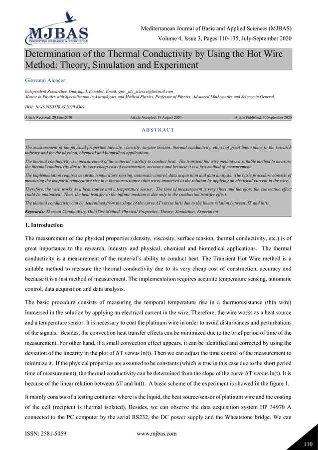 Determination of the Thermal Conductivity by Using the Hot Wire Method