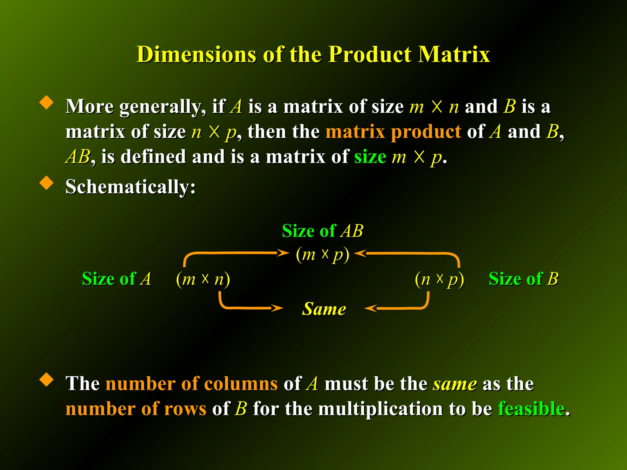Dimensions of the Product Matrix
Dimensions of the Product Matrix
 More generally, if
More generally, if A
A is a matrix of size
is a matrix of size m
m ☓
☓ n
n and
and B
B is a
is a
matrix of size
matrix of size n
n ☓
☓ p
p, then the
, then the matrix product
matrix product of
of A
A and
and B
B,
,
AB
AB, is defined and is a matrix of
, is defined and is a matrix of size m
m ☓
☓ p
p.
.
 Schematically:
Schematically:
 The
The number of columns
number of columns of
of A
A must be the
must be the same
same as the
as the
number of rows
number of rows of
of B
B for the multiplication to be
for the multiplication to be feasible
feasible.
.
Size of
Size of A
A (
(m
m ☓
☓ n
n)
) (
(n
n ☓
☓ p
p)
) Size of
Size of B
B
Size of
Size of AB
AB
(
(m
m ☓
☓ p
p)
)
Same
Same
 