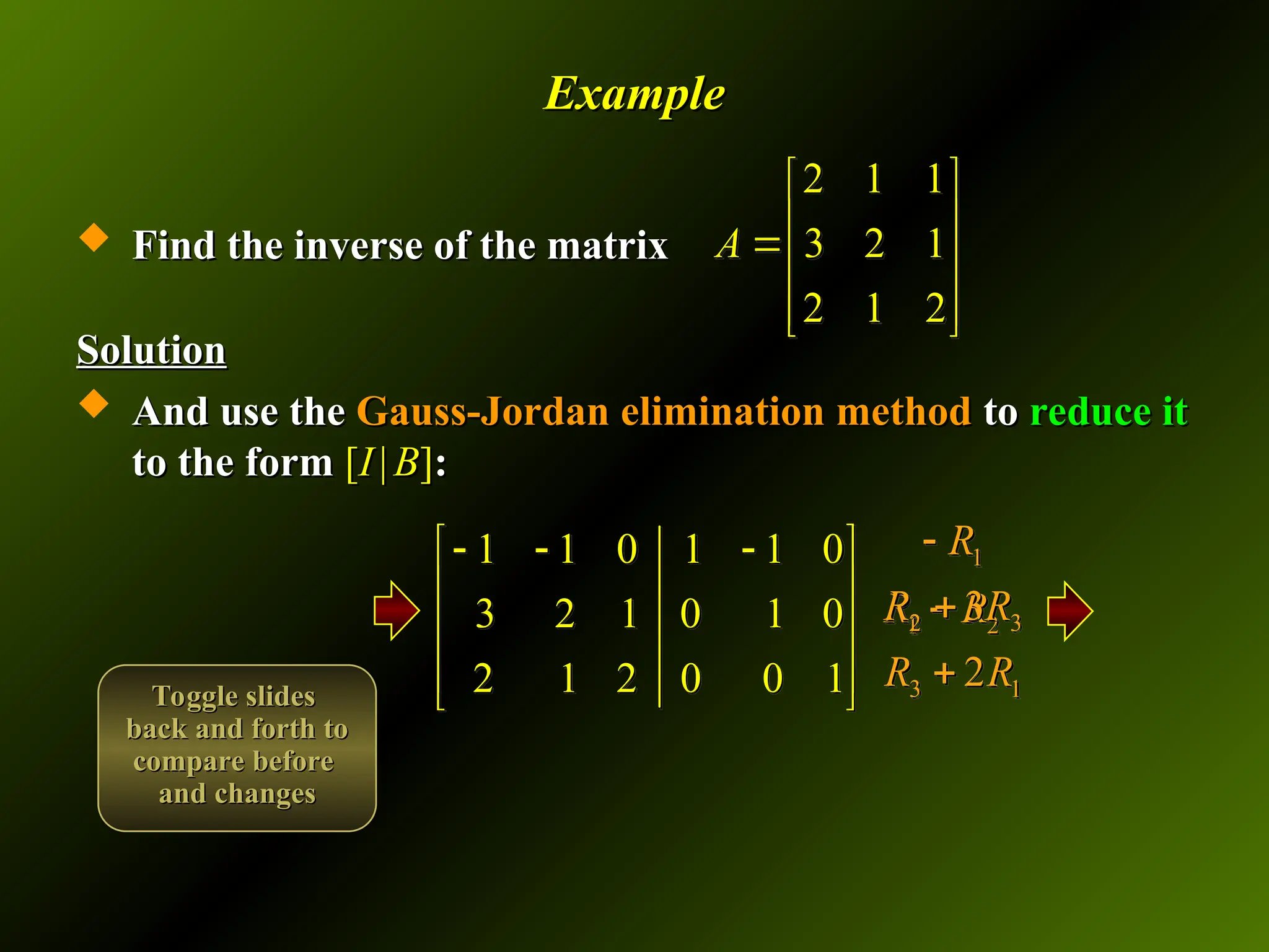 Example
Example
 Find the inverse of the matrix
Find the inverse of the matrix
Solution
Solution
 And use the
And use the Gauss-Jordan elimination method
Gauss-Jordan elimination method to
to reduce it
reduce it
to the form
to the form [
[I
I |
| B
B]
]:
:
2 1 1
3 2 1
2 1 2
A
 
 

 
 
 
1 1 0 1 1 0
3 2 1 0 1 0
2 1 2 0 0 1
  
 
 
 
 
 
1 2
R R

1
2 3
3 1
3
2
R
R R
R R



Toggle slides
Toggle slides
back and forth to
back and forth to
compare before
compare before
and changes
and changes
 