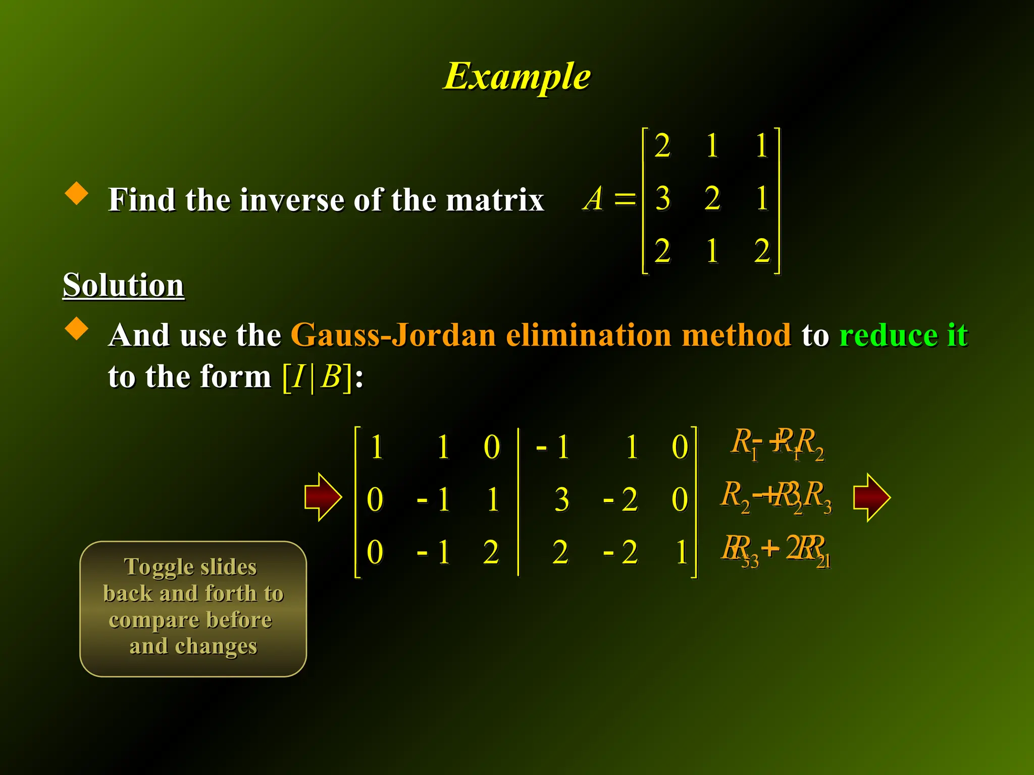 Example
Example
 Find the inverse of the matrix
Find the inverse of the matrix
Solution
Solution
 And use the
And use the Gauss-Jordan elimination method
Gauss-Jordan elimination method to
to reduce it
reduce it
to the form
to the form [
[I
I |
| B
B]
]:
:
2 1 1
3 2 1
2 1 2
A
 
 

 
 
 
1 1 0 1 1 0
0 1 1 3 2 0
0 1 2 2 2 1

 
 
 
 
 
 
 
1
2 3
3 1
3
2
R
R R
R R



1 2
2
3 2
R R
R
R R



Toggle slides
Toggle slides
back and forth to
back and forth to
compare before
compare before
and changes
and changes
 