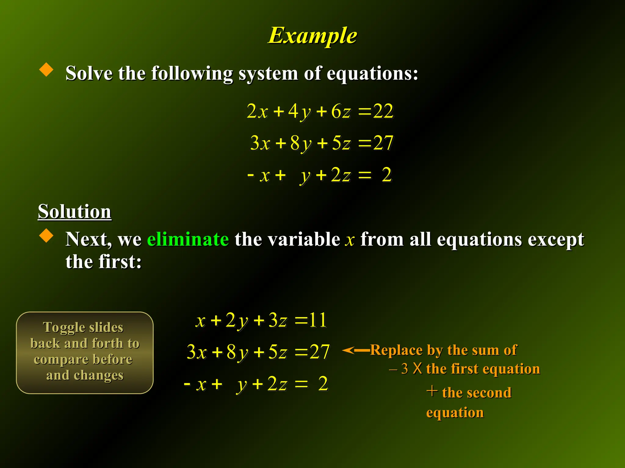 Example
Example
 Solve the following system of equations:
Solve the following system of equations:
Solution
Solution
 Next, we
Next, we eliminate
eliminate the variable
the variable x
x from all equations except
from all equations except
the first:
the first:
2 4 6 22
3 8 5 27
2 2
x y z
x y z
x y z
  
  
   
2 3 11
3 8 5 27
2 2
x y z
x y z
x y z
  
  
   
Replace by the sum of
Replace by the sum of
– 3
– 3 X
X the first equation
the first equation
+
+ the second
the second
equation
equation
Toggle slides
Toggle slides
back and forth to
back and forth to
compare before
compare before
and changes
and changes
 