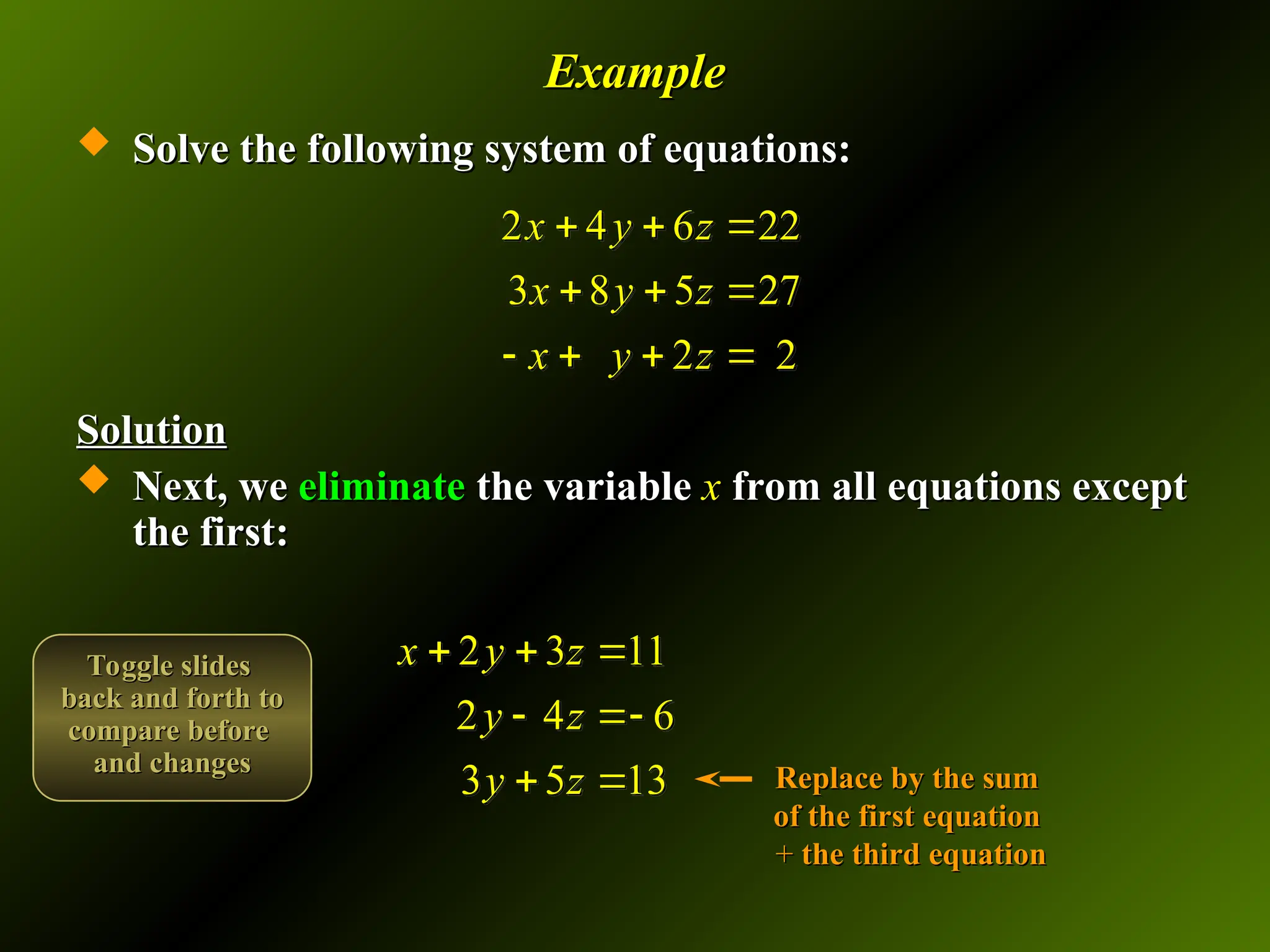 Example
Example
 Solve the following system of equations:
Solve the following system of equations:
Solution
Solution
 Next, we
Next, we eliminate
eliminate the variable
the variable x
x from all equations except
from all equations except
the first:
the first:
2 4 6 22
3 8 5 27
2 2
x y z
x y z
x y z
  
  
   
2 3 11
2 4 6
3 5 13
x y z
y z
y z
  
 
  Replace by the sum
Replace by the sum
of the first equation
of the first equation
+
+ the third equation
the third equation
Toggle slides
Toggle slides
back and forth to
back and forth to
compare before
compare before
and changes
and changes
 