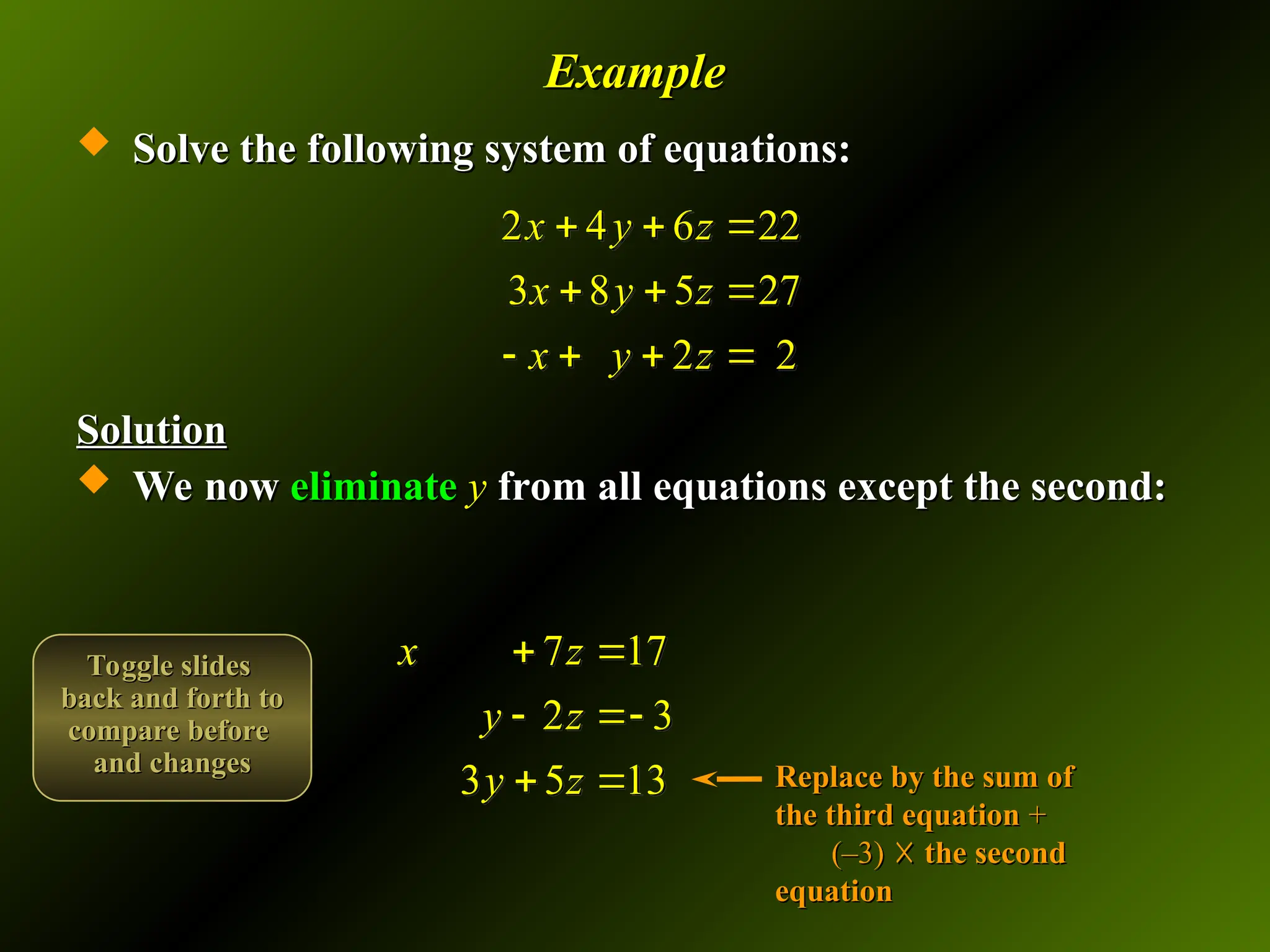 Example
Example
 Solve the following system of equations:
Solve the following system of equations:
Solution
Solution
 We now
We now eliminate
eliminate y
y from all equations except the second:
from all equations except the second:
2 4 6 22
3 8 5 27
2 2
x y z
x y z
x y z
  
  
   
7 17
2 3
3 5 13
x z
y z
y z
 
 
  Replace by the sum of
Replace by the sum of
the third equation
the third equation +
+
(–3)
(–3) ☓
☓ the second
the second
equation
equation
Toggle slides
Toggle slides
back and forth to
back and forth to
compare before
compare before
and changes
and changes
 
