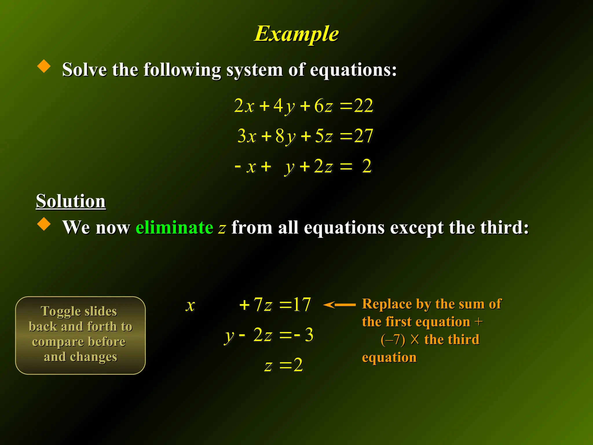 Example
Example
 Solve the following system of equations:
Solve the following system of equations:
Solution
Solution
 We now
We now eliminate
eliminate z
z from all equations except the third:
from all equations except the third:
2 4 6 22
3 8 5 27
2 2
x y z
x y z
x y z
  
  
   
Replace by the sum of
Replace by the sum of
the first equation
the first equation +
+
(–7)
(–7) ☓
☓ the third
the third
equation
equation
7 17
2 3
2
x z
y z
z
 
 

Toggle slides
Toggle slides
back and forth to
back and forth to
compare before
compare before
and changes
and changes
 