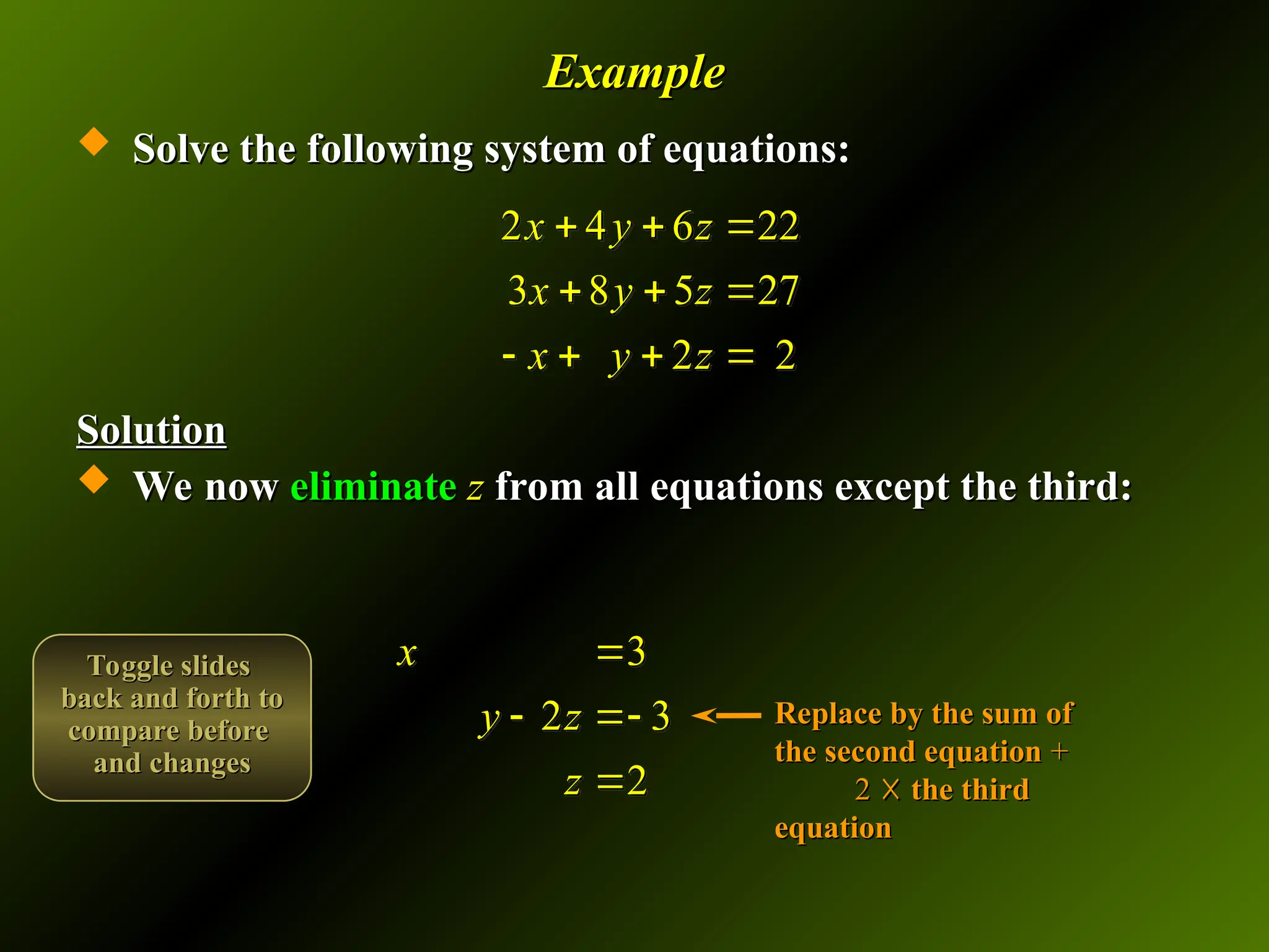 Example
Example
 Solve the following system of equations:
Solve the following system of equations:
Solution
Solution
 We now
We now eliminate
eliminate z
z from all equations except the third:
from all equations except the third:
2 4 6 22
3 8 5 27
2 2
x y z
x y z
x y z
  
  
   
3
2 3
2
x
y z
z

 

Replace by the sum of
Replace by the sum of
the second equation
the second equation +
+
2
2 ☓
☓ the third
the third
equation
equation
Toggle slides
Toggle slides
back and forth to
back and forth to
compare before
compare before
and changes
and changes
 