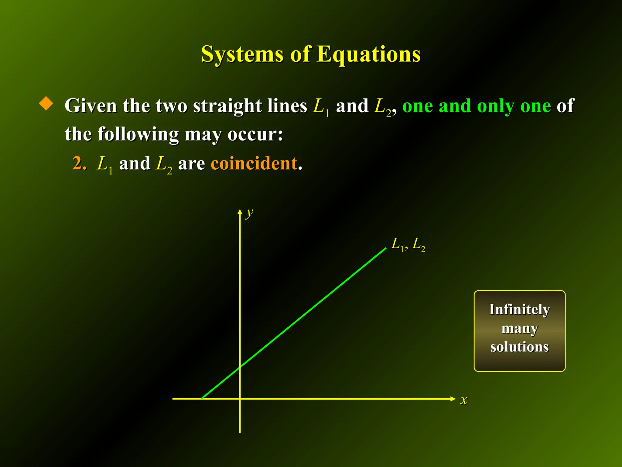 Systems of Equations
Systems of Equations
 Given the two straight lines
Given the two straight lines L
L1
1 and
and L
L2
2,
, one and only one
one and only one of
of
the following may occur:
the following may occur:
2.
2. L
L1
1 and
and L
L2
2 are
are coincident
coincident.
.
y
y
x
x
L
L1
1,
, L
L2
2
Infinitely
Infinitely
many
many
solutions
solutions
 