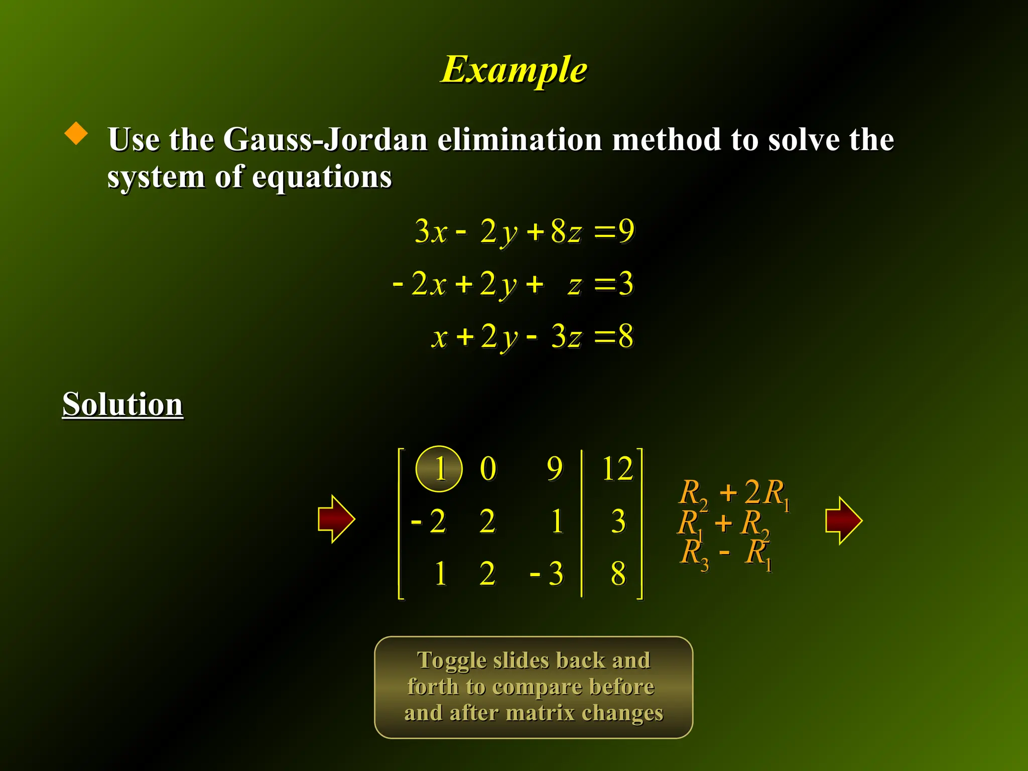 Example
Example
 Use the Gauss-Jordan elimination method to solve the
Use the Gauss-Jordan elimination method to solve the
system of equations
system of equations
Solution
Solution
3 2 8 9
2 2 3
2 3 8
x y z
x y z
x y z
  
   
  
1 0 9 12
2 2 1 3
1 2 3 8
 
 

 
 

 
2 1
2
R R

3 1
R R

1 2
R R

Toggle slides back and
Toggle slides back and
forth to compare before
forth to compare before
and after matrix changes
and after matrix changes
 