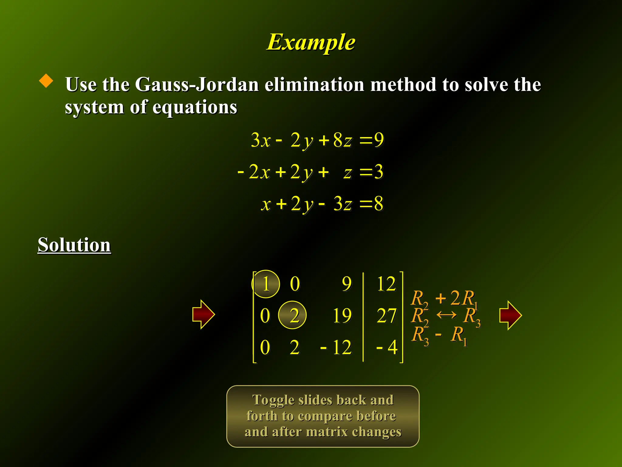 Example
Example
 Use the Gauss-Jordan elimination method to solve the
Use the Gauss-Jordan elimination method to solve the
system of equations
system of equations
Solution
Solution
3 2 8 9
2 2 3
2 3 8
x y z
x y z
x y z
  
   
  
1 0 9 12
0 2 19 27
0 2 12 4
 
 
 
 
 
 
2 1
2
R R

3 1
R R

2 3
R R

Toggle slides back and
Toggle slides back and
forth to compare before
forth to compare before
and after matrix changes
and after matrix changes
 