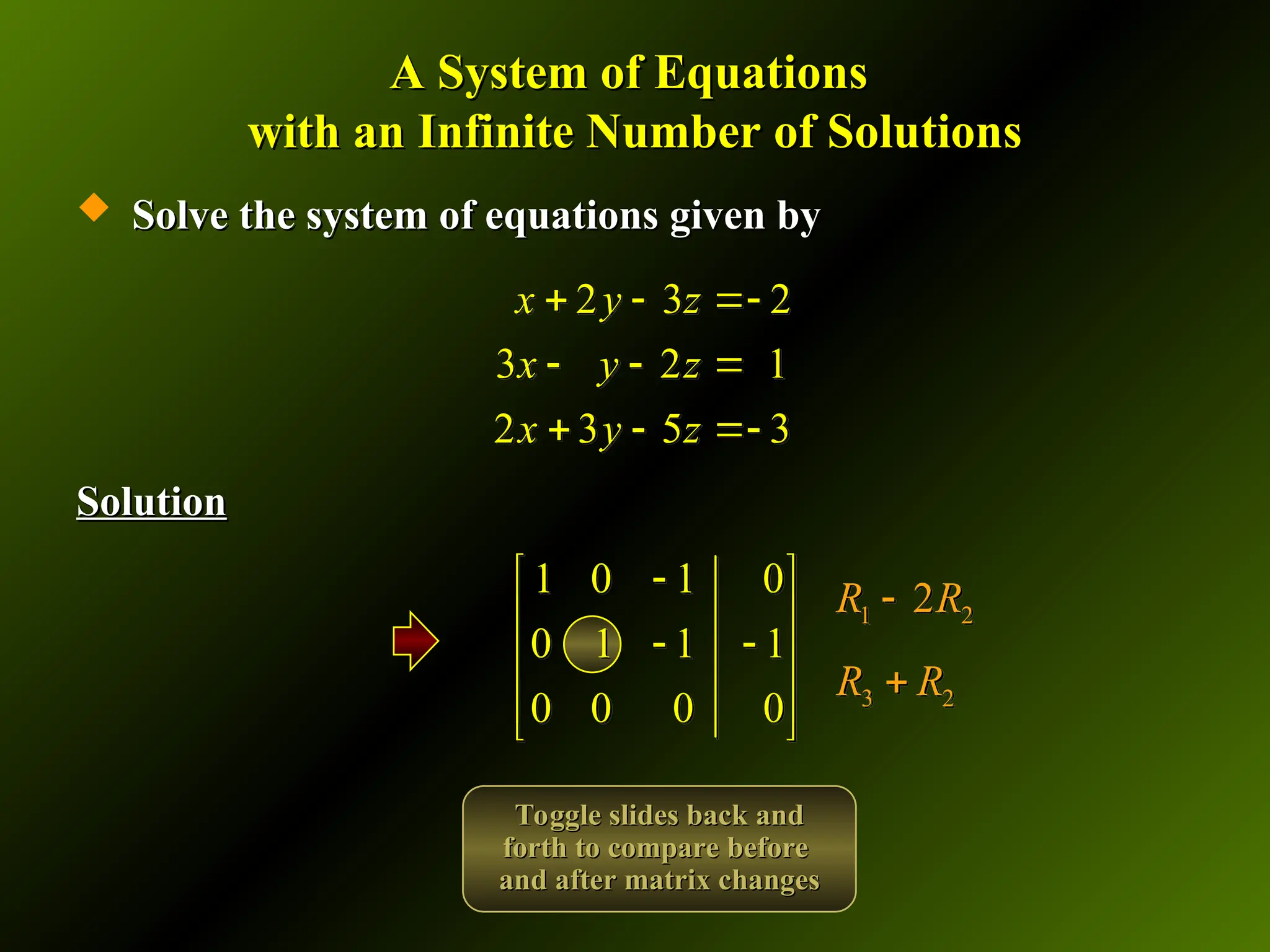 A System of Equations
A System of Equations
with an Infinite Number of Solutions
with an Infinite Number of Solutions
 Solve the system of equations given by
Solve the system of equations given by
Solution
Solution
2 3 2
3 2 1
2 3 5 3
x y z
x y z
x y z
  
  
  
1 0 1 0
0 1 1 1
0 0 0 0

 
 
 
 
 
 
1 2
2
R R

3 2
R R

Toggle slides back and
Toggle slides back and
forth to compare before
forth to compare before
and after matrix changes
and after matrix changes
 