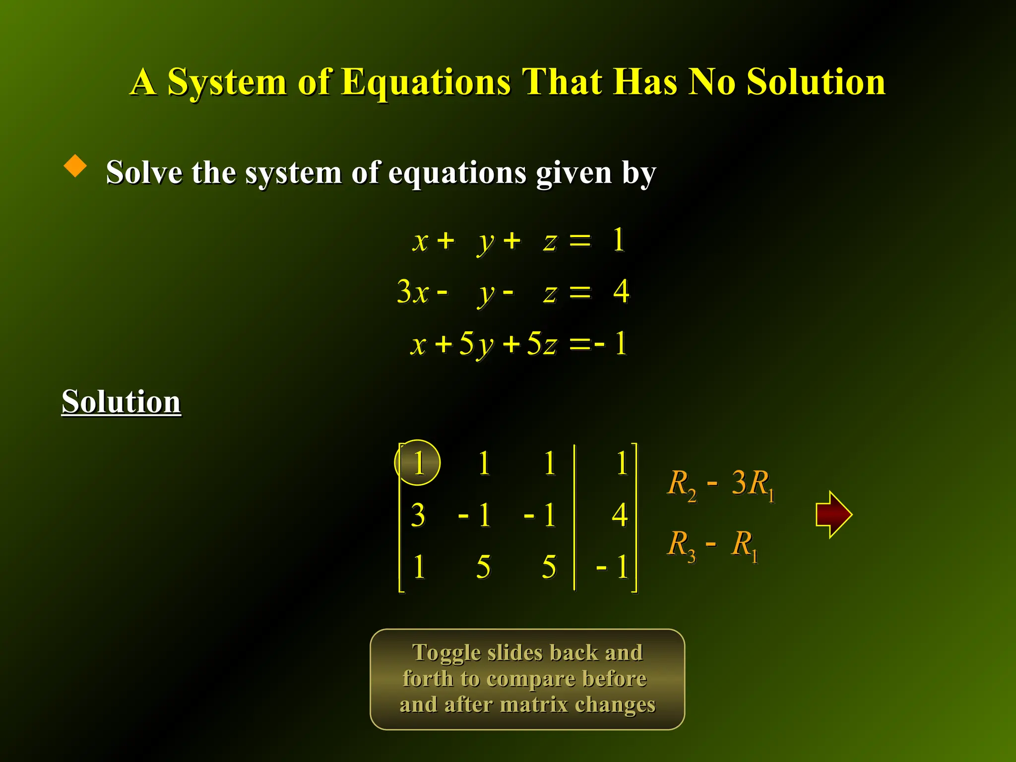 A System of Equations That Has No Solution
A System of Equations That Has No Solution
 Solve the system of equations given by
Solve the system of equations given by
Solution
Solution
1
3 4
5 5 1
x y z
x y z
x y z
  
  
  
1 1 1 1
3 1 1 4
1 5 5 1
 
 
 
 
 

 
2 1
3
R R

3 1
R R

Toggle slides back and
Toggle slides back and
forth to compare before
forth to compare before
and after matrix changes
and after matrix changes
 