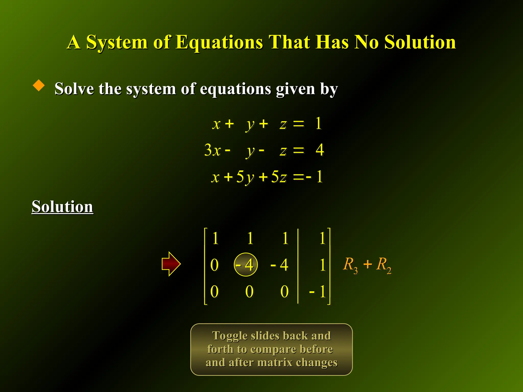 A System of Equations That Has No Solution
A System of Equations That Has No Solution
 Solve the system of equations given by
Solve the system of equations given by
Solution
Solution
1 1 1 1
0 4 4 1
0 0 0 1
 
 
 
 
 

 
3 2
R R

1
3 4
5 5 1
x y z
x y z
x y z
  
  
  
Toggle slides back and
Toggle slides back and
forth to compare before
forth to compare before
and after matrix changes
and after matrix changes
 