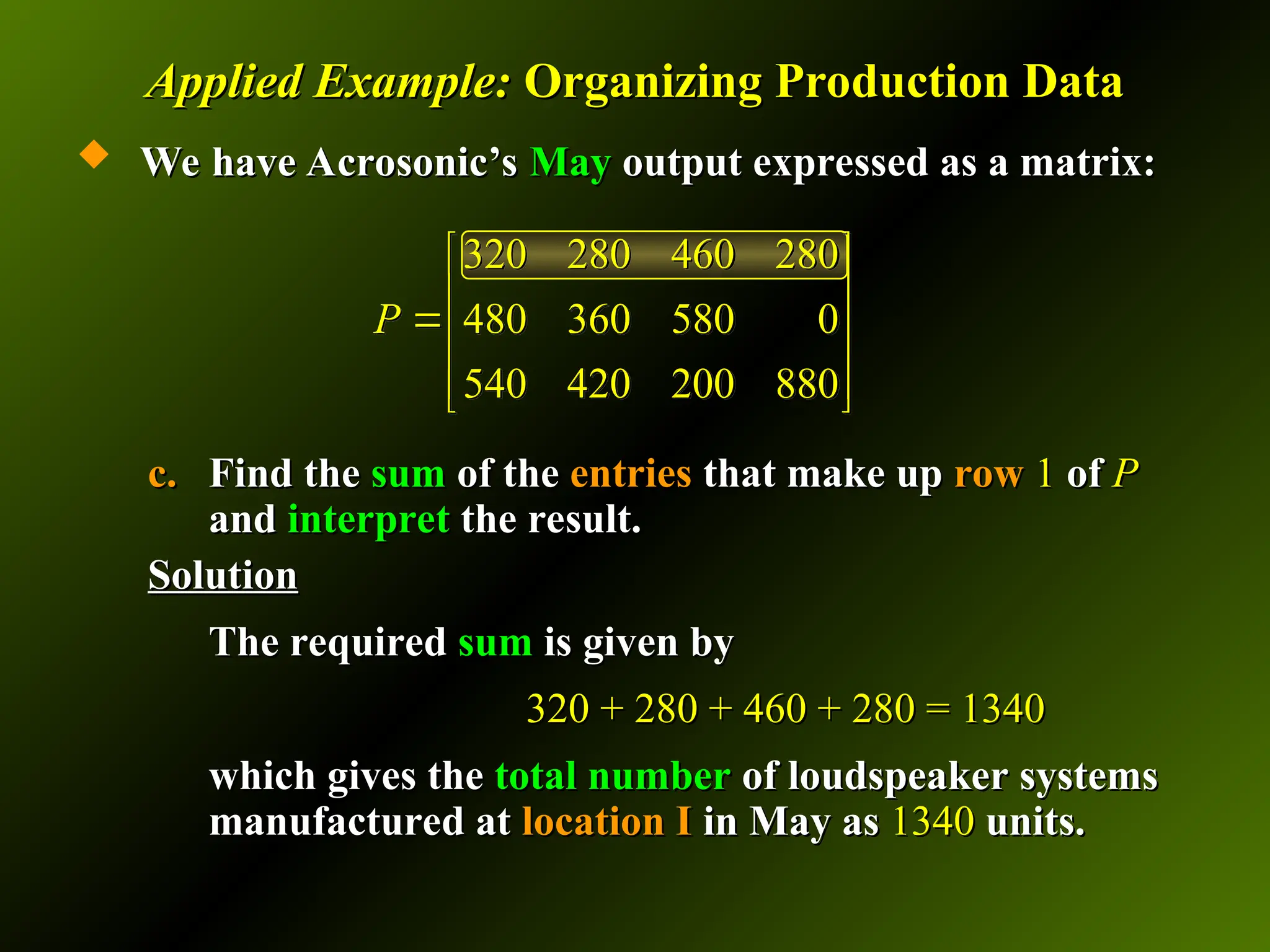 Applied Example:
Applied Example: Organizing Production Data
Organizing Production Data
 We have Acrosonic’s
We have Acrosonic’s May
May output expressed as a matrix:
output expressed as a matrix:
c.
c. Find the
Find the sum
sum of the
of the entries
entries that make up
that make up row
row 1
1 of
of P
P
and
and interpret
interpret the result.
the result.
Solution
Solution
The required
The required sum
sum is given by
is given by
320 + 280 + 460 + 280 = 1340
320 + 280 + 460 + 280 = 1340
which gives the
which gives the total number
total number of loudspeaker systems
of loudspeaker systems
manufactured at
manufactured at location I
location I in May as
in May as 1340
1340 units.
units.
320 280 460 280
480 360 580 0
540 420 200 880
P
 
 
 
 
 
 